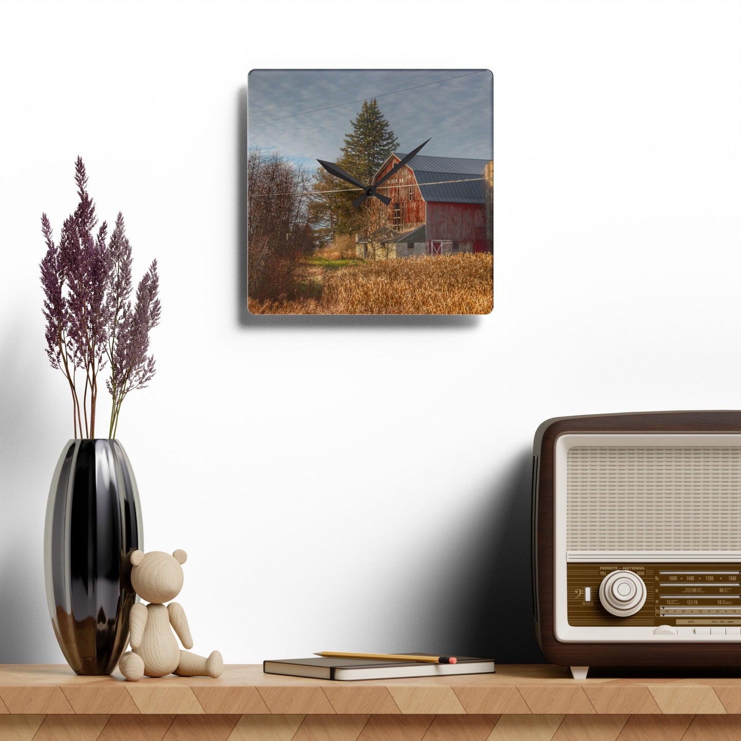 U R There Photography Otter Lake Road Red I Rustic Farmhouse Acrylic Analog Wall Clock