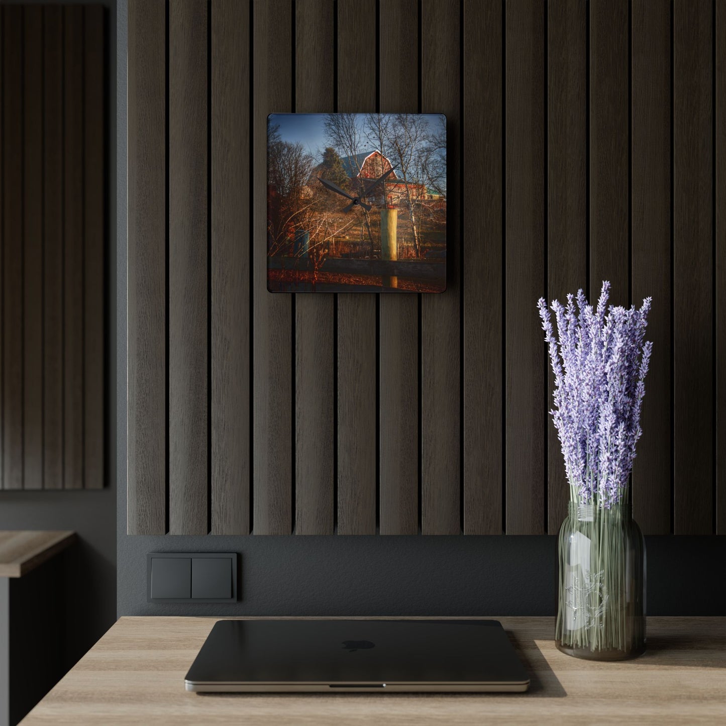 U R There Photography Marathon Road Hillside Red II Rustic Farmhouse Acrylic Analog Wall Clock