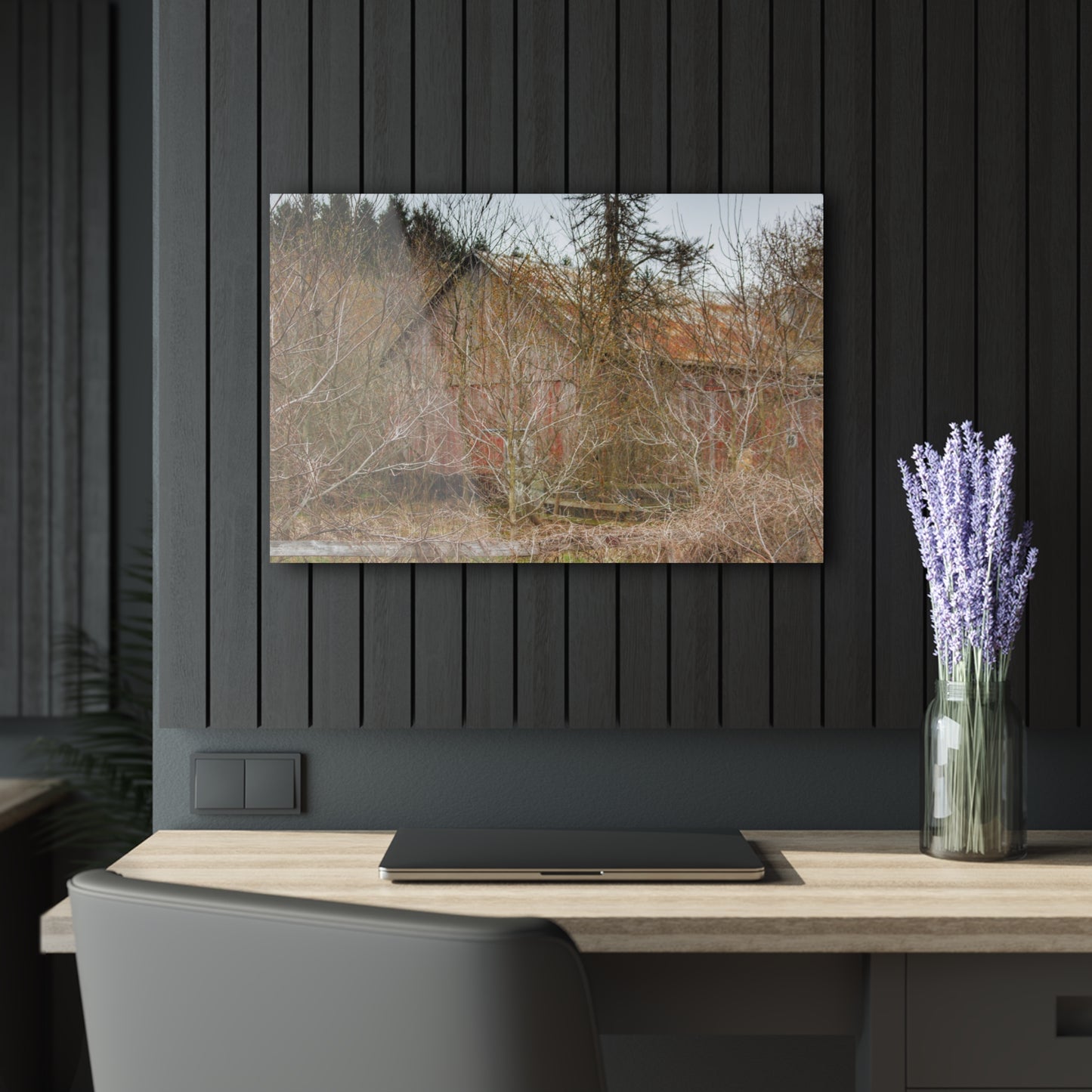 U R There Photography Klam Road Hidden Gable Red Rustic Farmhouse Acrylic Wall Print