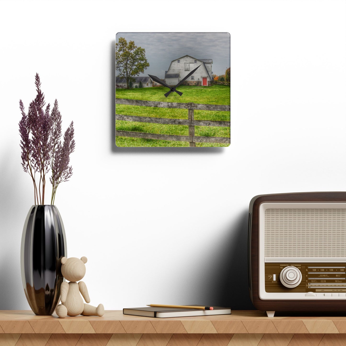 U R There Photography Hill Road Hillside White Rustic Farmhouse Acrylic Analog Wall Clock