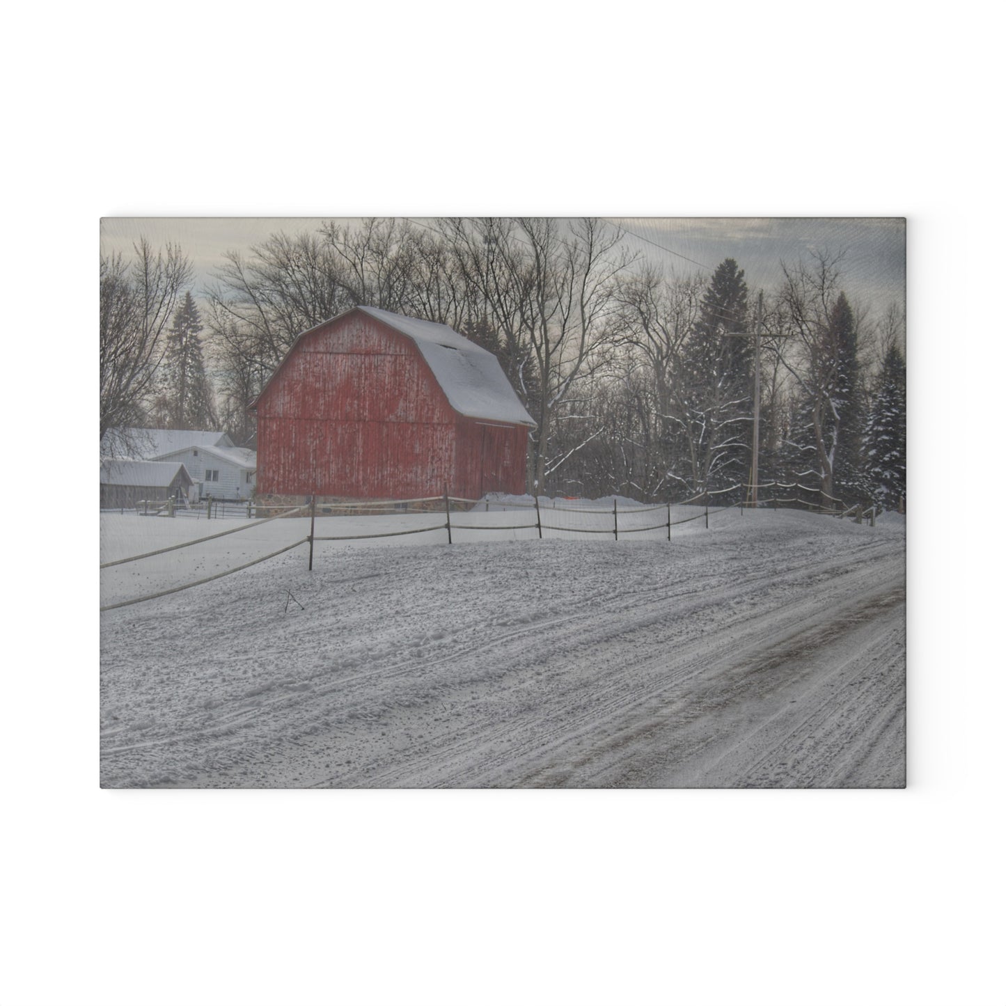 U R There Photography Phillips Road Winter Red Rustic Farmhouse Tempered-Glass Cutting Board