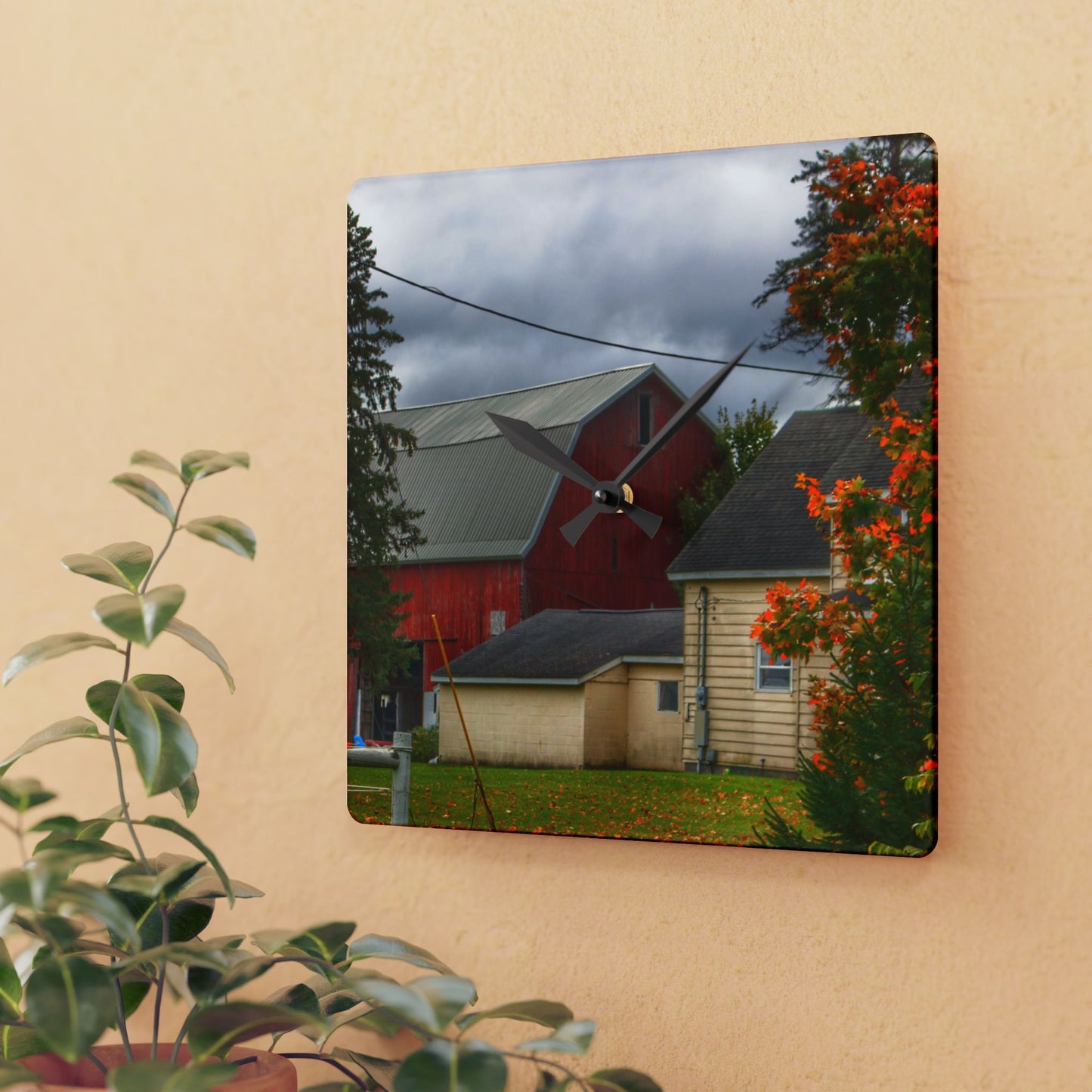 U R There Photography Farnsworth Road Red II Rustic Farmhouse Acrylic Analog Wall Clock