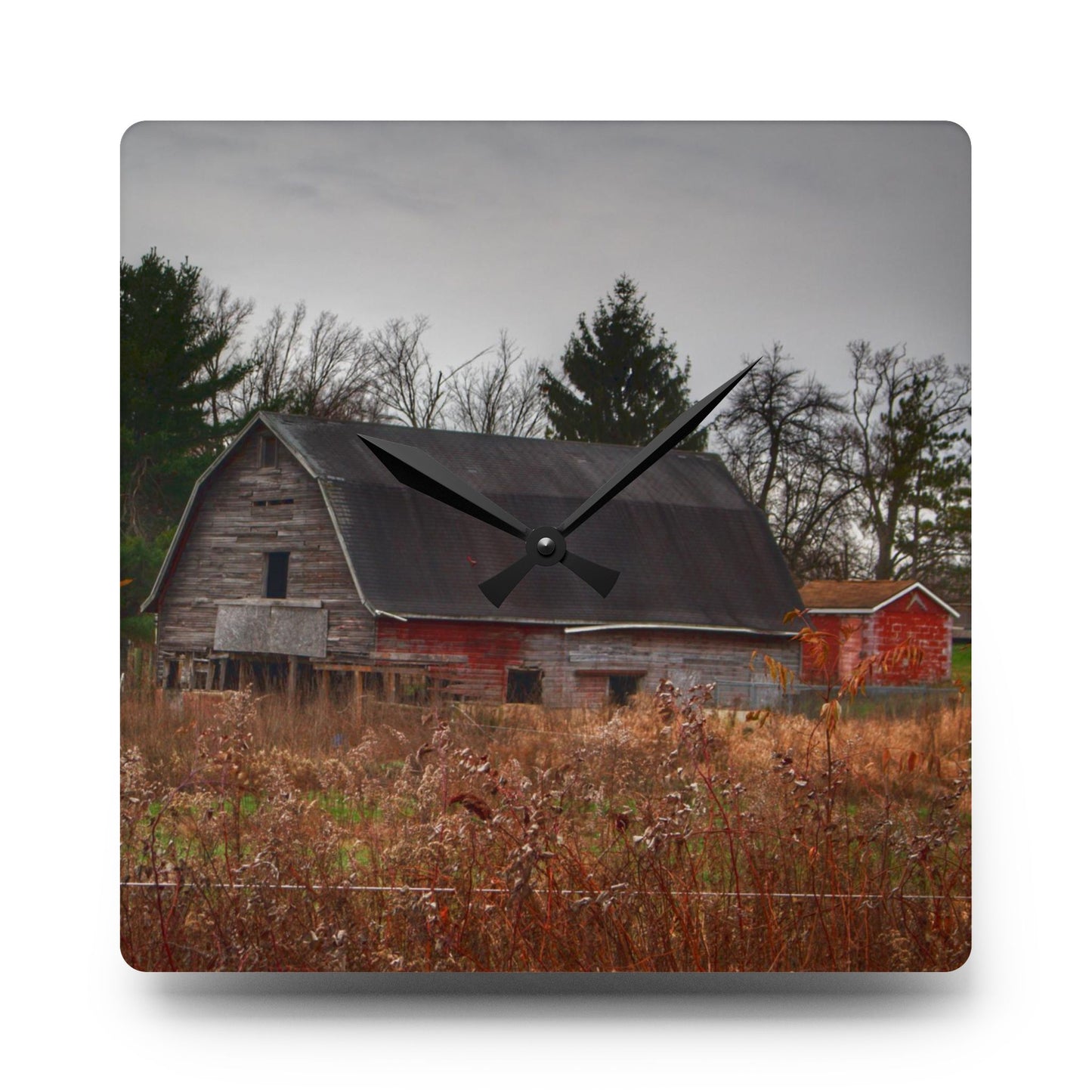 U R There Photography Field Grey and Little Red Rustic Farmhouse Acrylic Analog Wall Clock