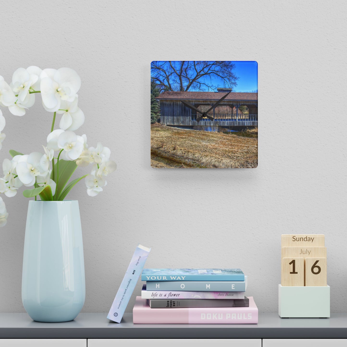 U R There Photography Covered Bridge of Campground Road II Rustic Farmhouse Acrylic Analog Wall Clock 10.75'' × 10.75'' (Square)