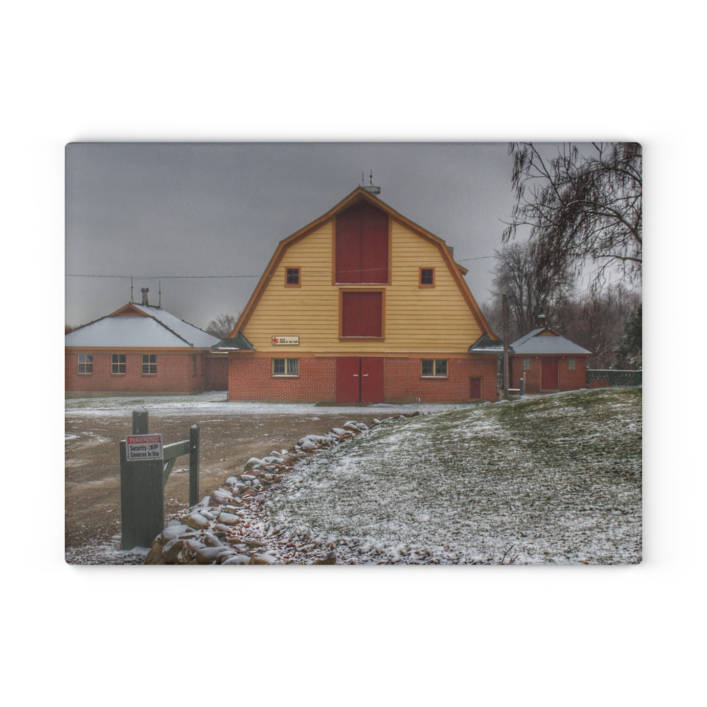 U R There Photography Yellow Barn of Bordman Rustic Farmhouse Tempered-Glass Cutting Board