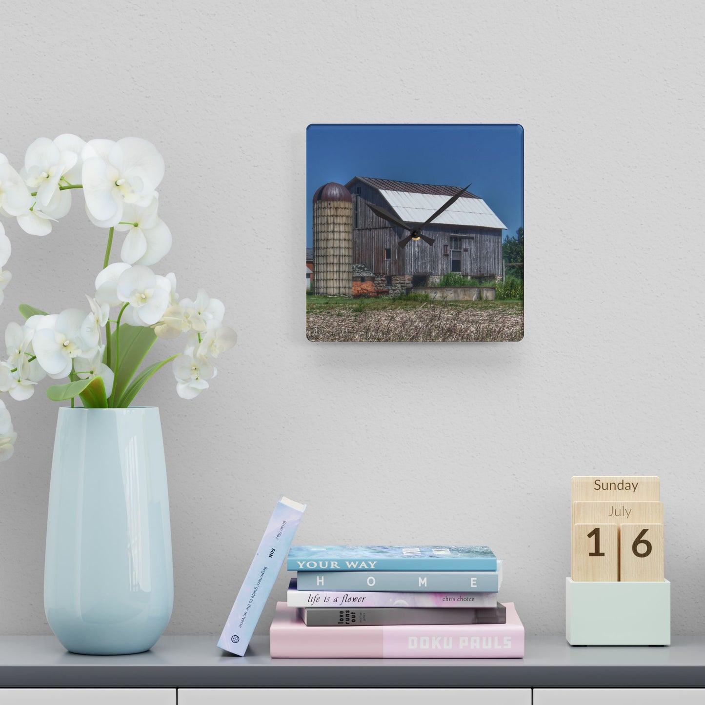 U R There Photography East Millington Road Grey and Stable II Rustic Farmhouse Acrylic Analog Wall Clock