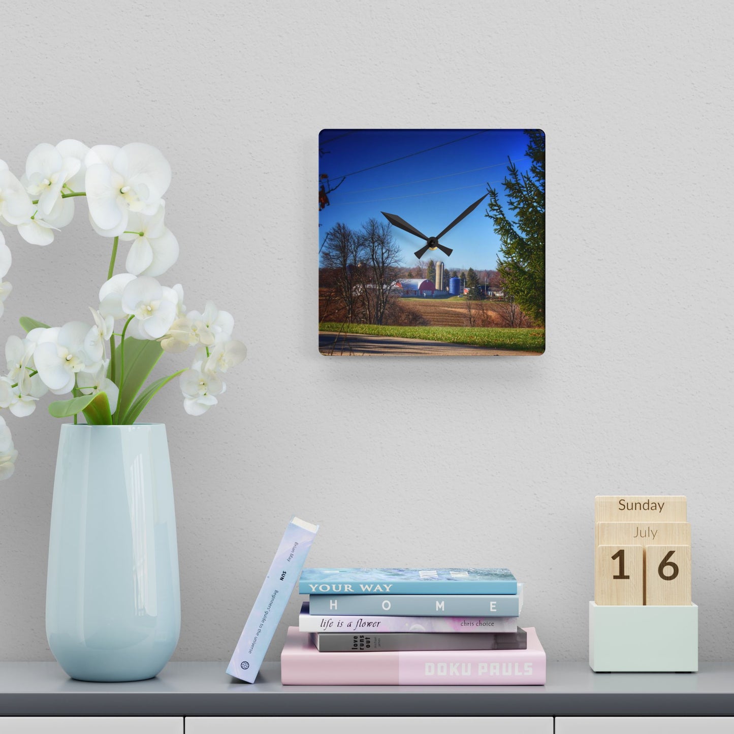 U R There Photography Across the Field on Brocker Road Rustic Farmhouse Acrylic Analog Wall Clock