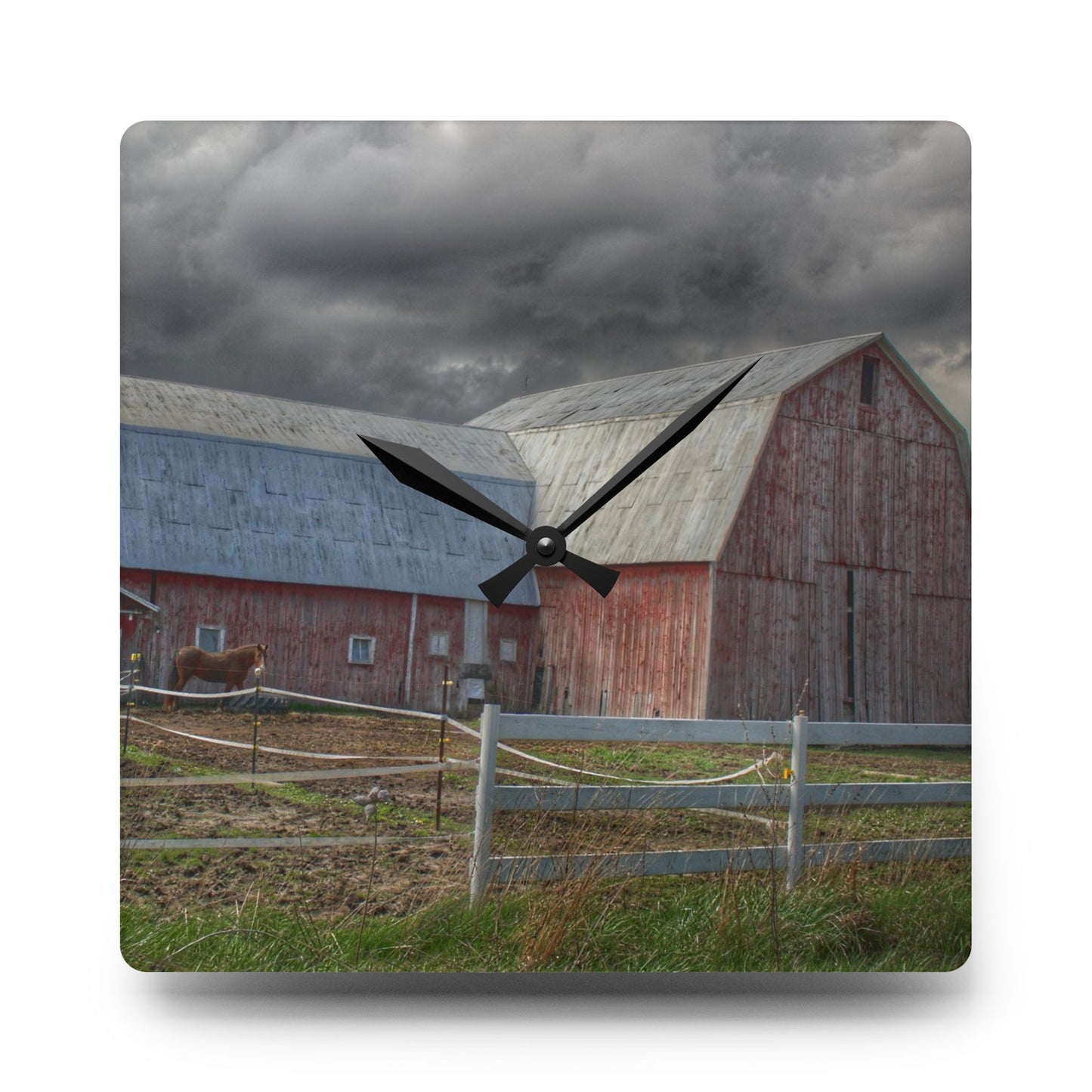 U R There Photography Sandusky Horse Barn Against Fall Skies Rustic Farmhouse Acrylic Analog Wall Clock