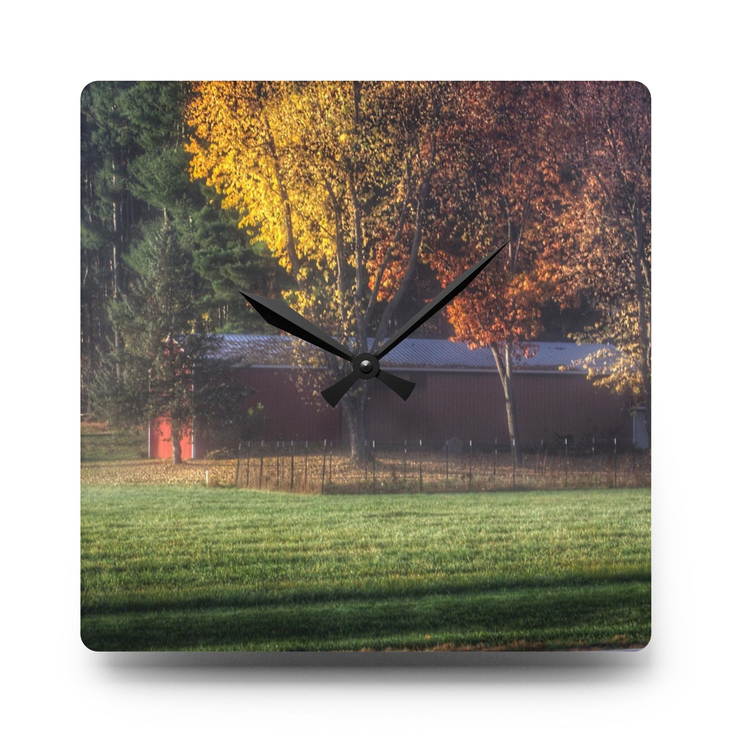 U R There Photography Red Barn on Foggy Fall Morning Rustic Farmhouse Acrylic Analog Wall Clock
