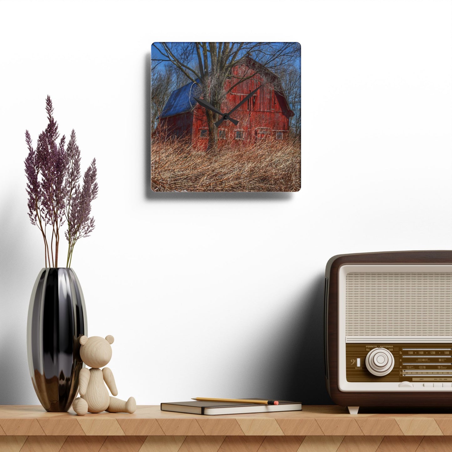 U R There Photography East Dodge Road Red Rustic Farmhouse Acrylic Analog Wall Clock