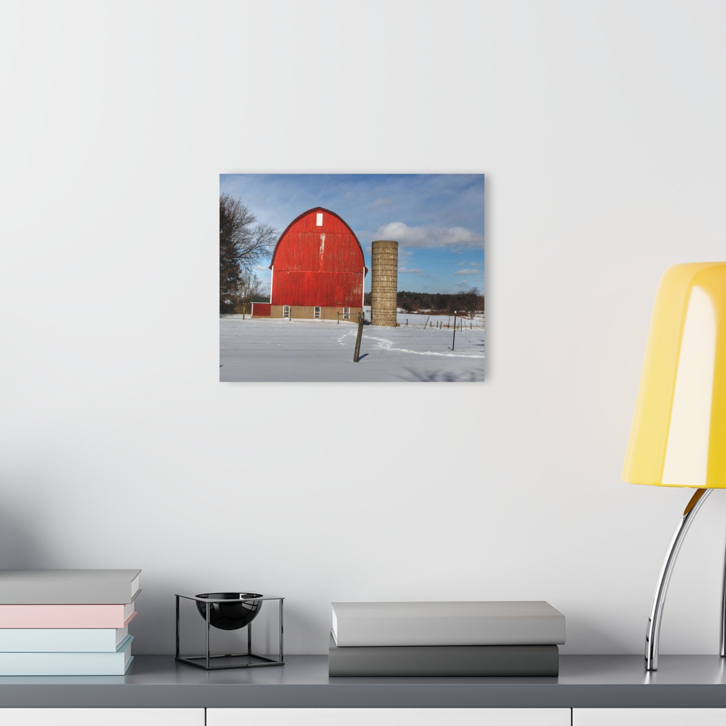 U R There Photography Barnes Road Winter Red Rustic Farmhouse Acrylic Wall Print