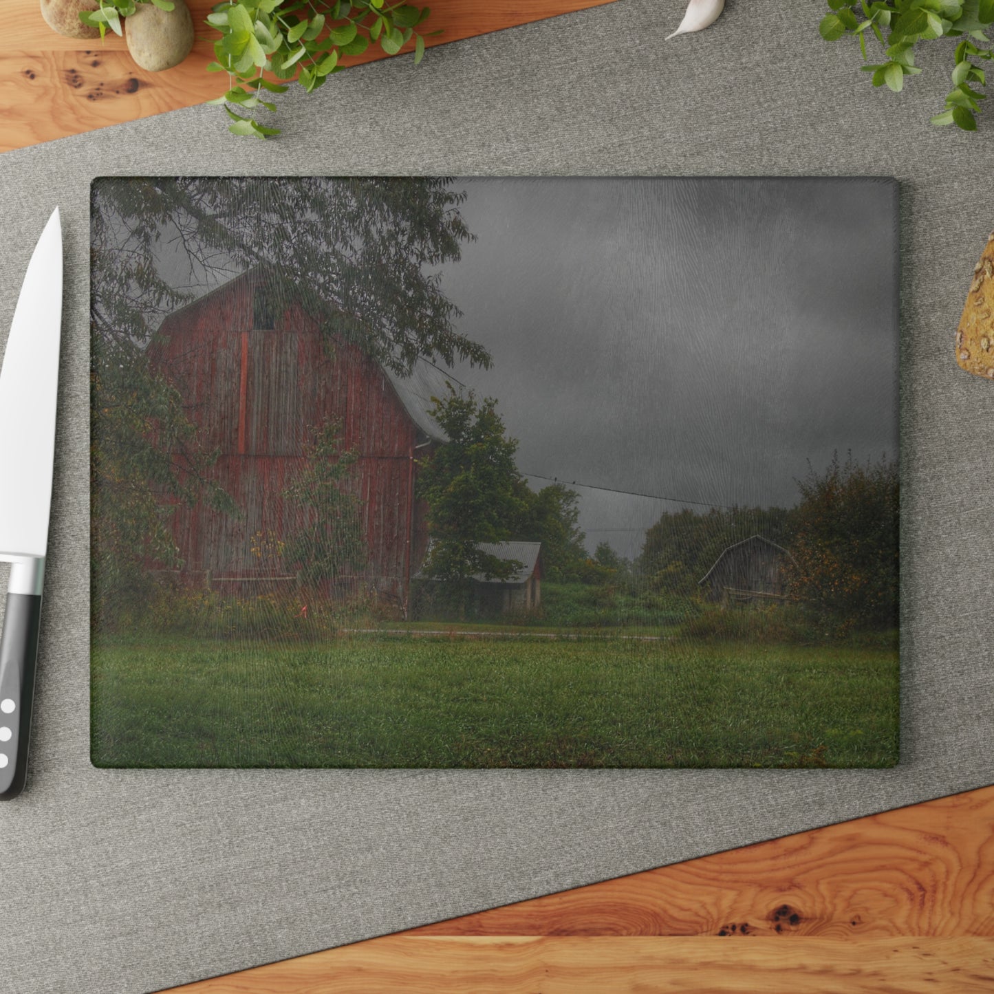 U R There Photography Columbiaville Red and Little Grey Rustic Farmhouse Tempered-Glass Cutting Board