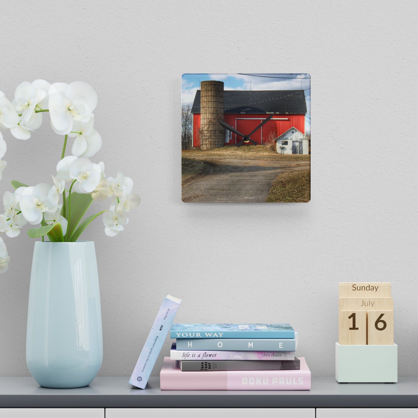 U R There Photography Mayville Road Red and Silo Rustic Farmhouse Acrylic Analog Wall Clock