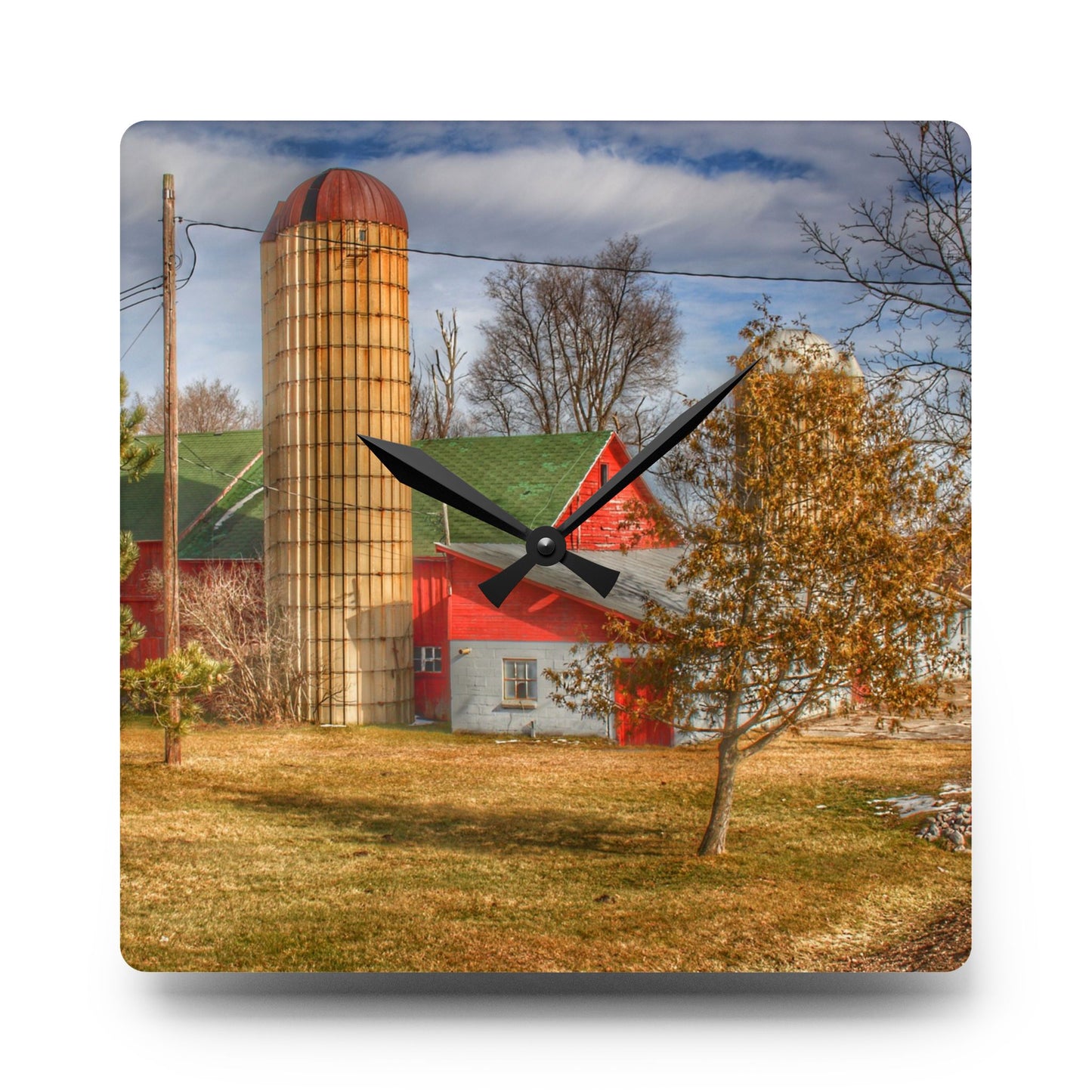 U R There Photography Newark Road Red and Silos II Rustic Farmhouse Acrylic Analog Wall Clock