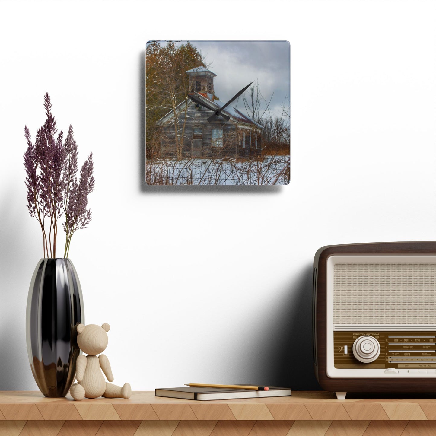 Rustic Farmhouse Wall Clock featuring Vermilya Schoolhouse II