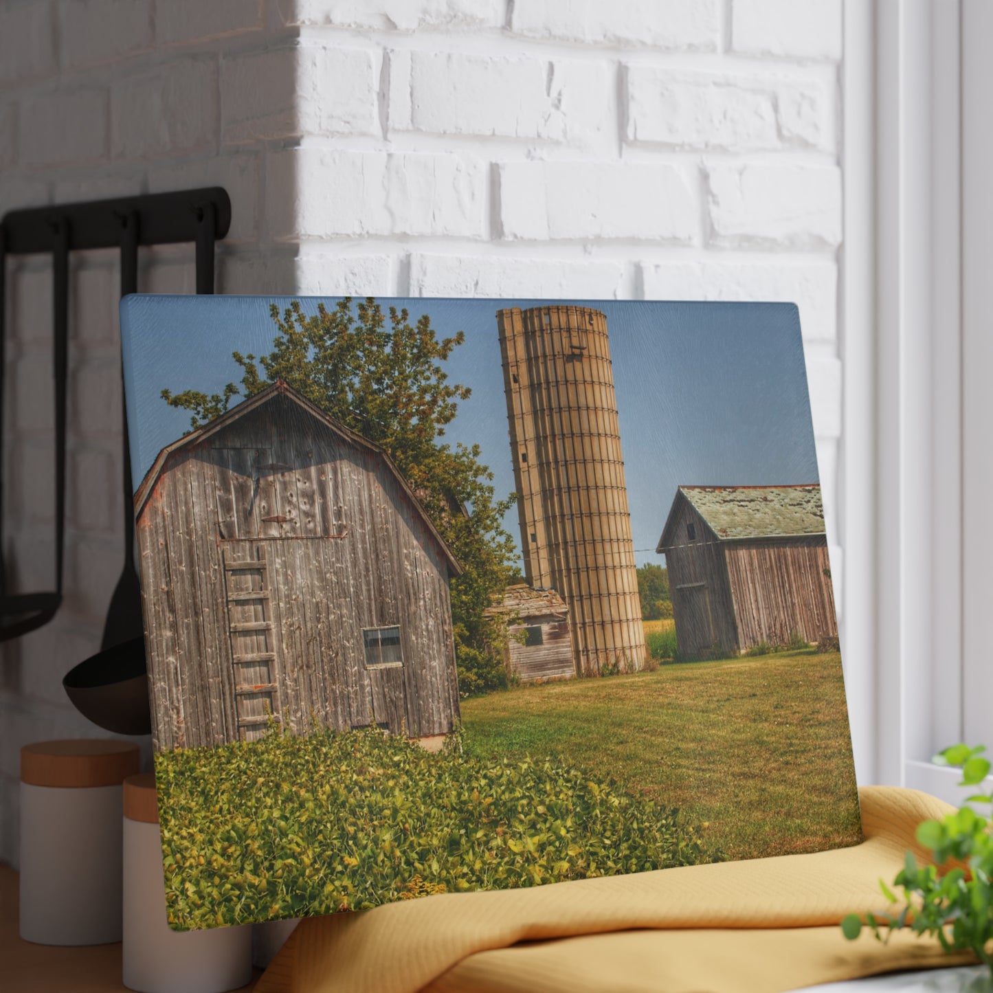 U R There Photography Swaffer Mini Greys and Silos Rustic Farmhouse Tempered-Glass Cutting Board