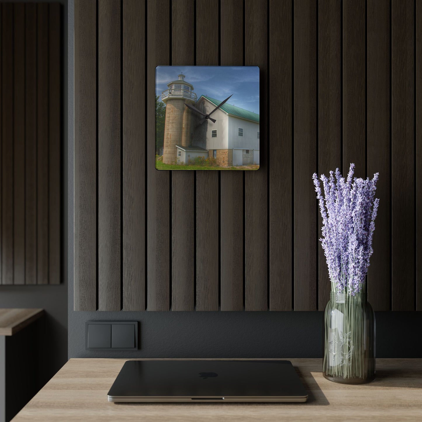 U R There Photography Phelps Road Lighthouse Barn I Rustic Farmhouse Acrylic Analog Wall Clock