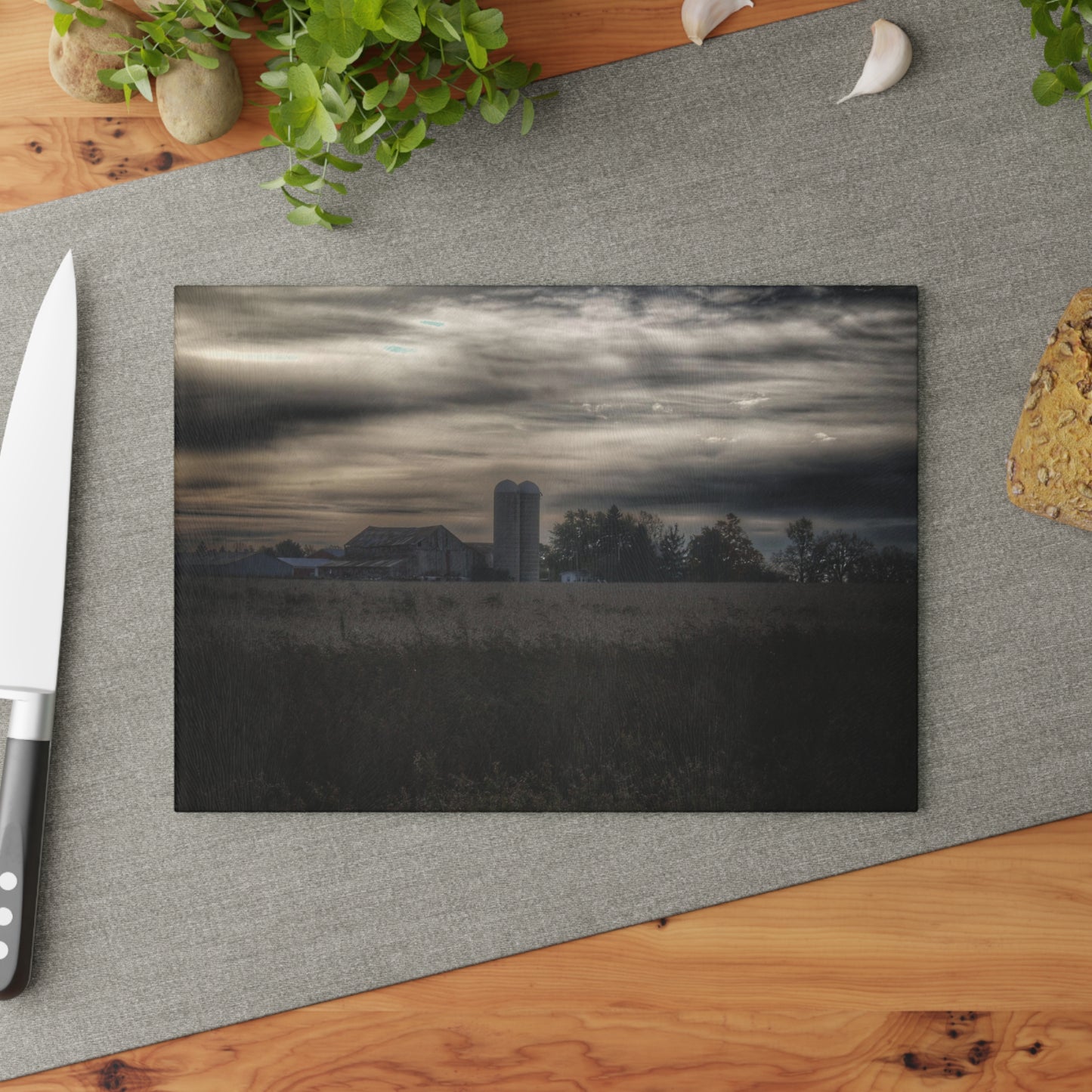 U R There Photography Across the Field on Brown City Road Rustic Farmhouse Tempered-Glass Cutting Board