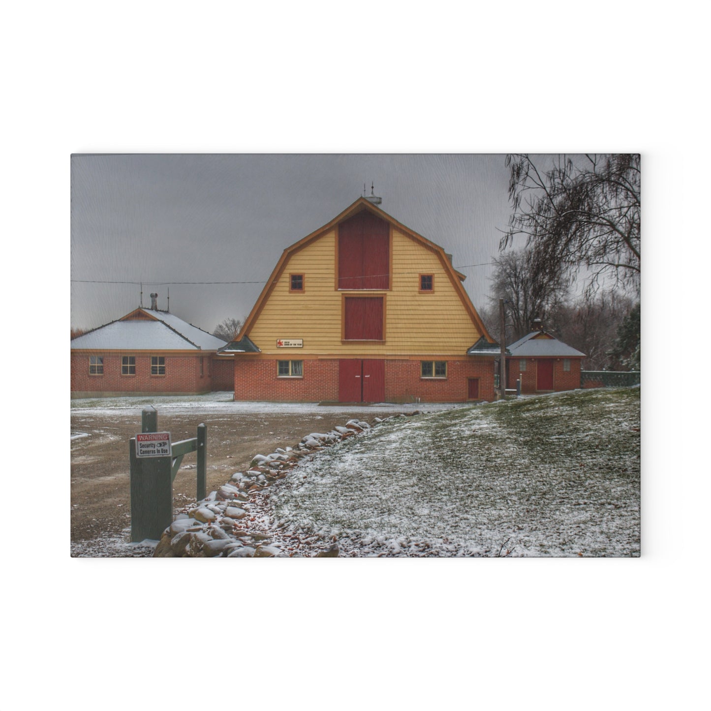 U R There Photography Yellow Barn of Bordman Rustic Farmhouse Tempered-Glass Cutting Board