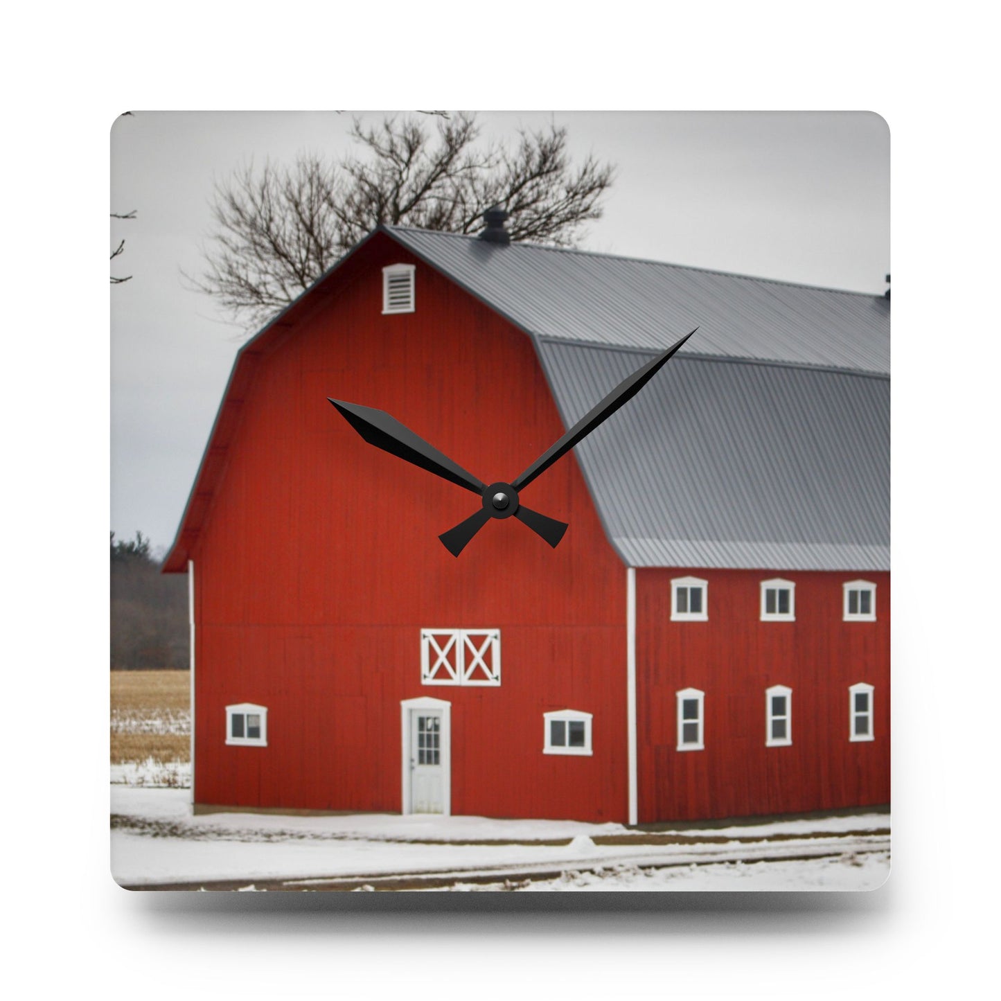 U R There Photography Hollow Corners Red Tree Silo II Rustic Farmhouse Acrylic Analog Wall Clock