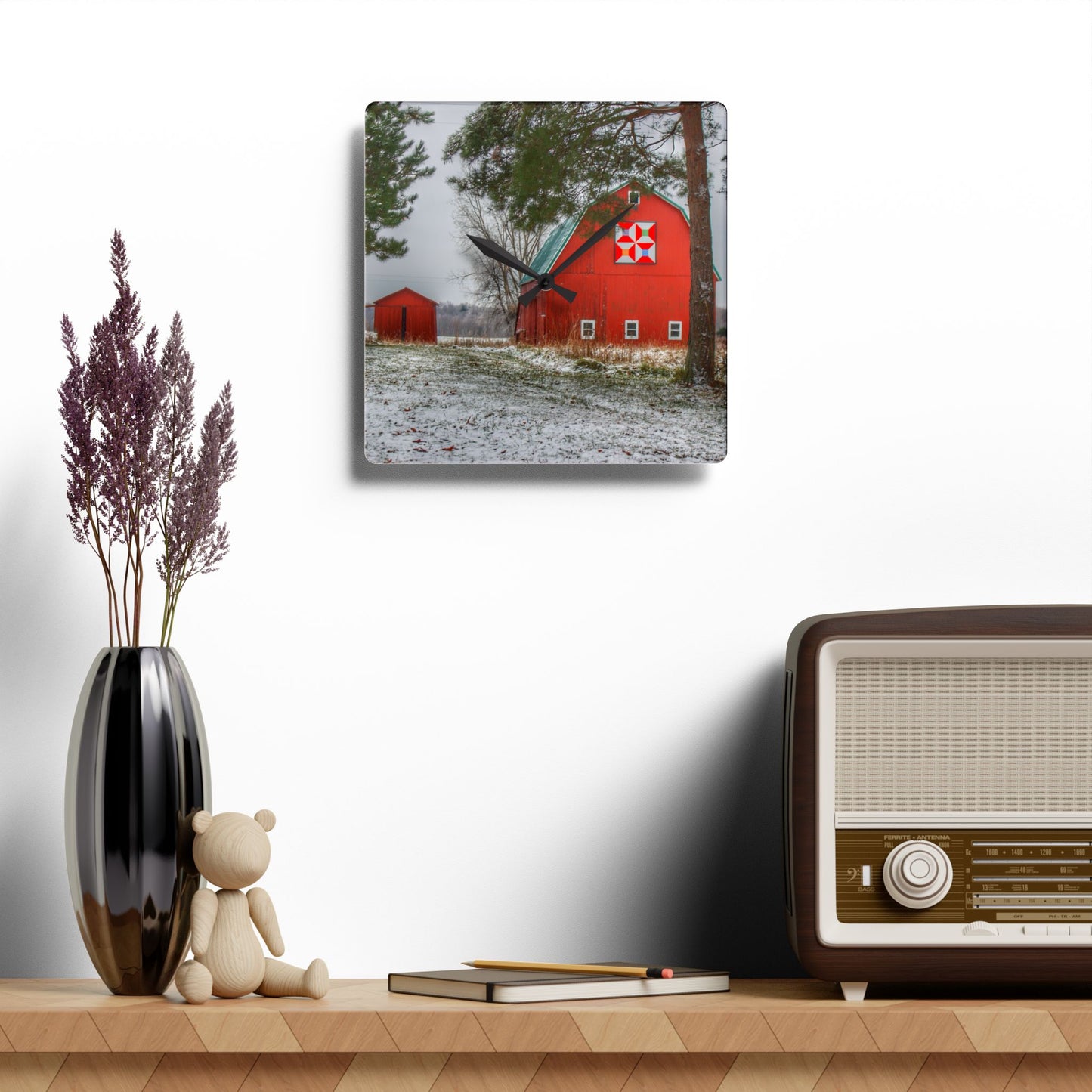 U R There Photography McKail Road Quilted Red Rustic Farmhouse Acrylic Analog Wall Clock