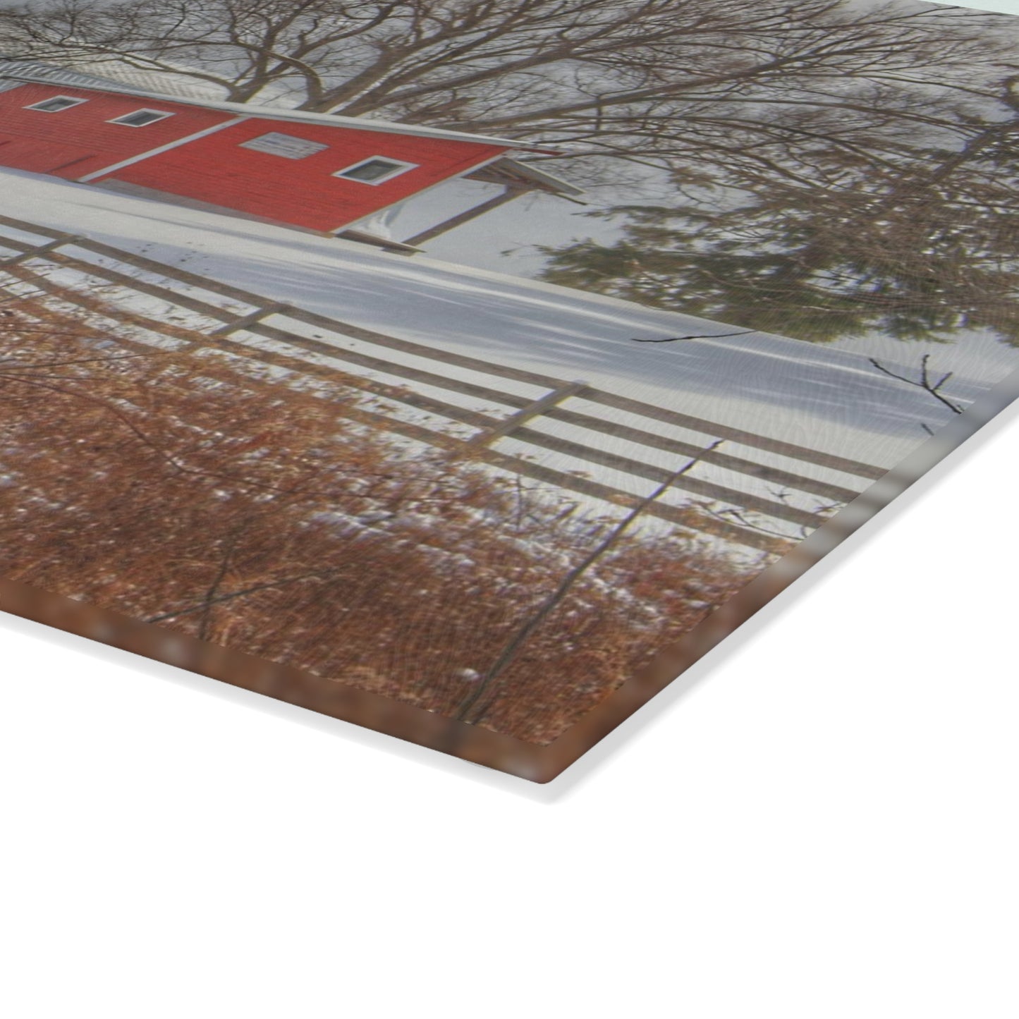 U R There Photography Catlin Red and Fence II Rustic Farmhouse Tempered-Glass Cutting Board
