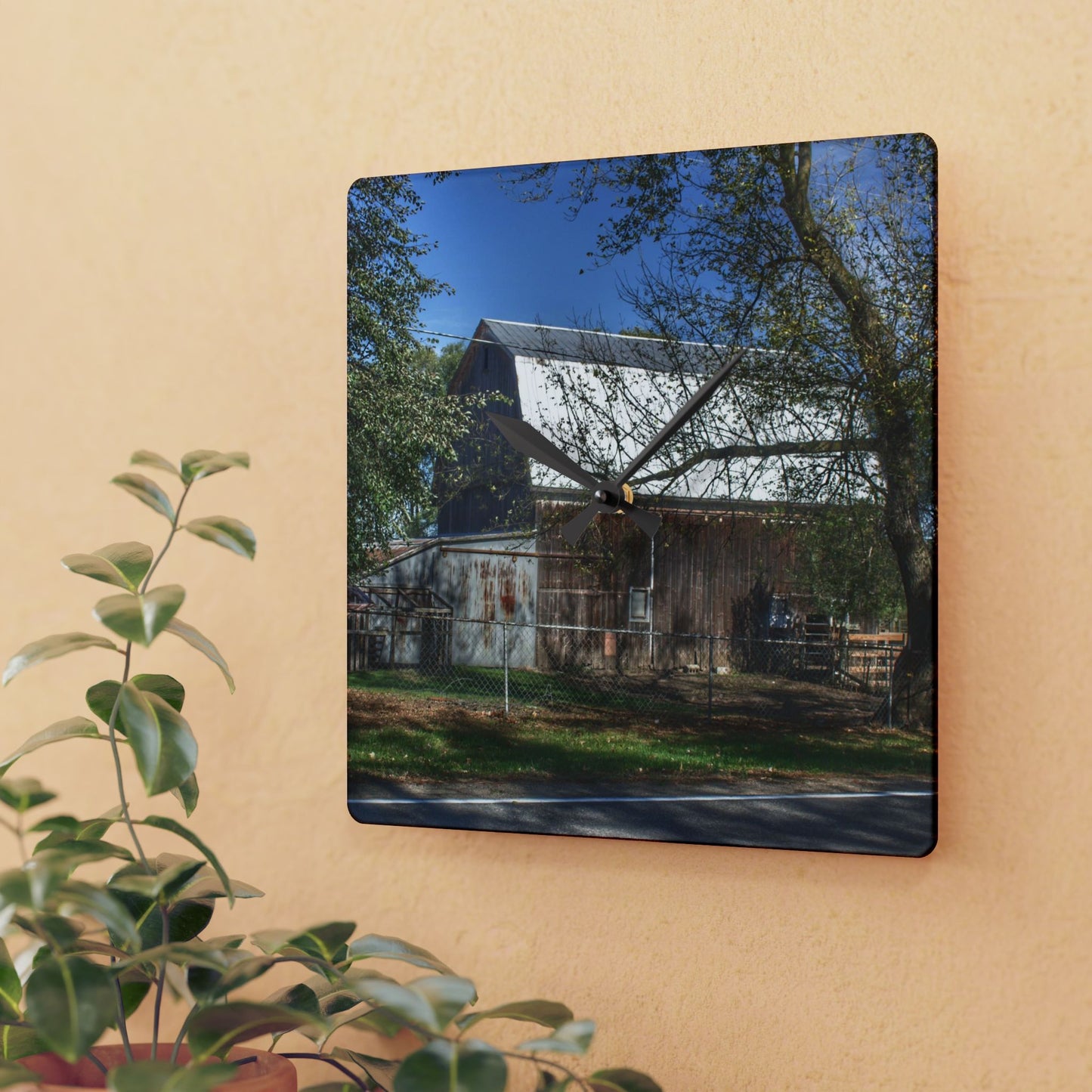 U R There Photography Birch Run Road Greys I Rustic Acrylic Analog Wall Clock