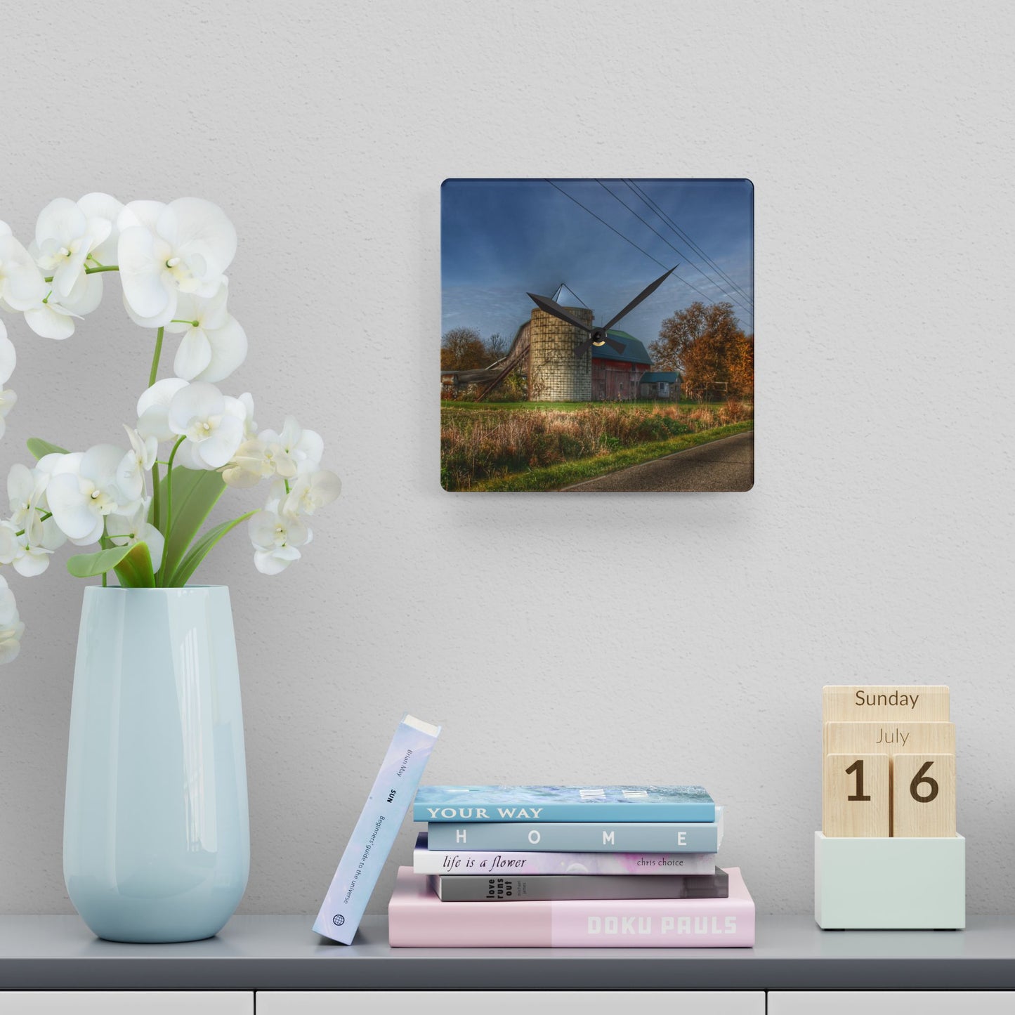 U R There Photography Plumb Creek Road Red in Fall I Rustic Farmhouse Acrylic Analog Wall Clock
