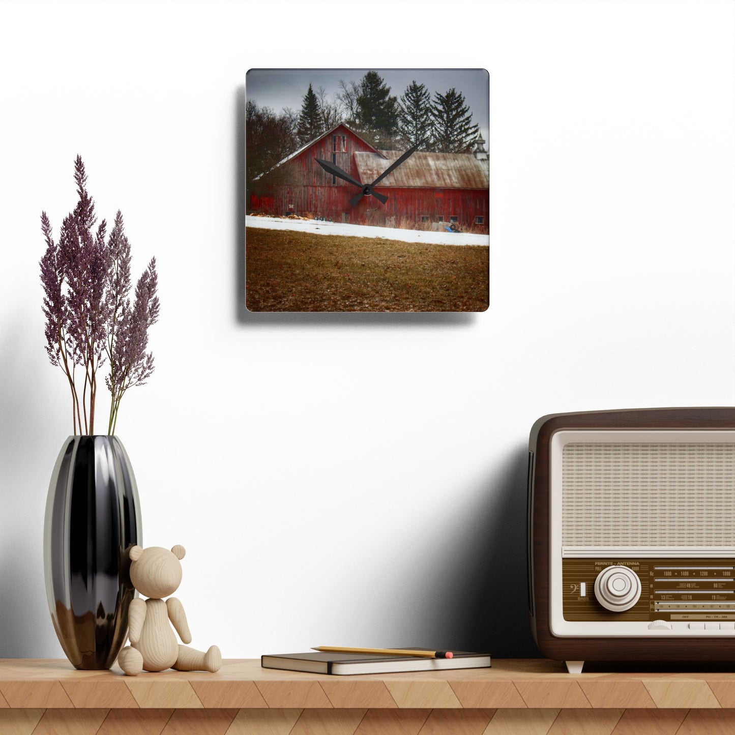 U R There Photography Blacks Corners Road Red Rustic Farmhouse Acrylic Analog Wall Clock