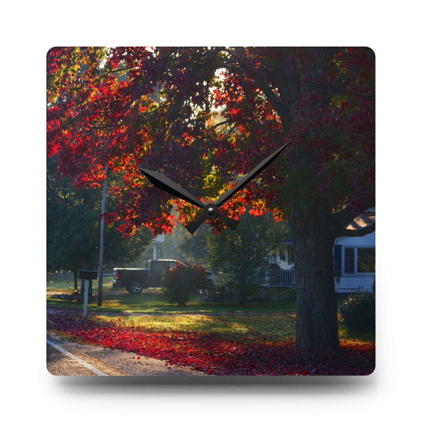 U R There Photography Red Crimson Leaves of Lum Rustic Farmhouse Acrylic Analog Wall Clock
