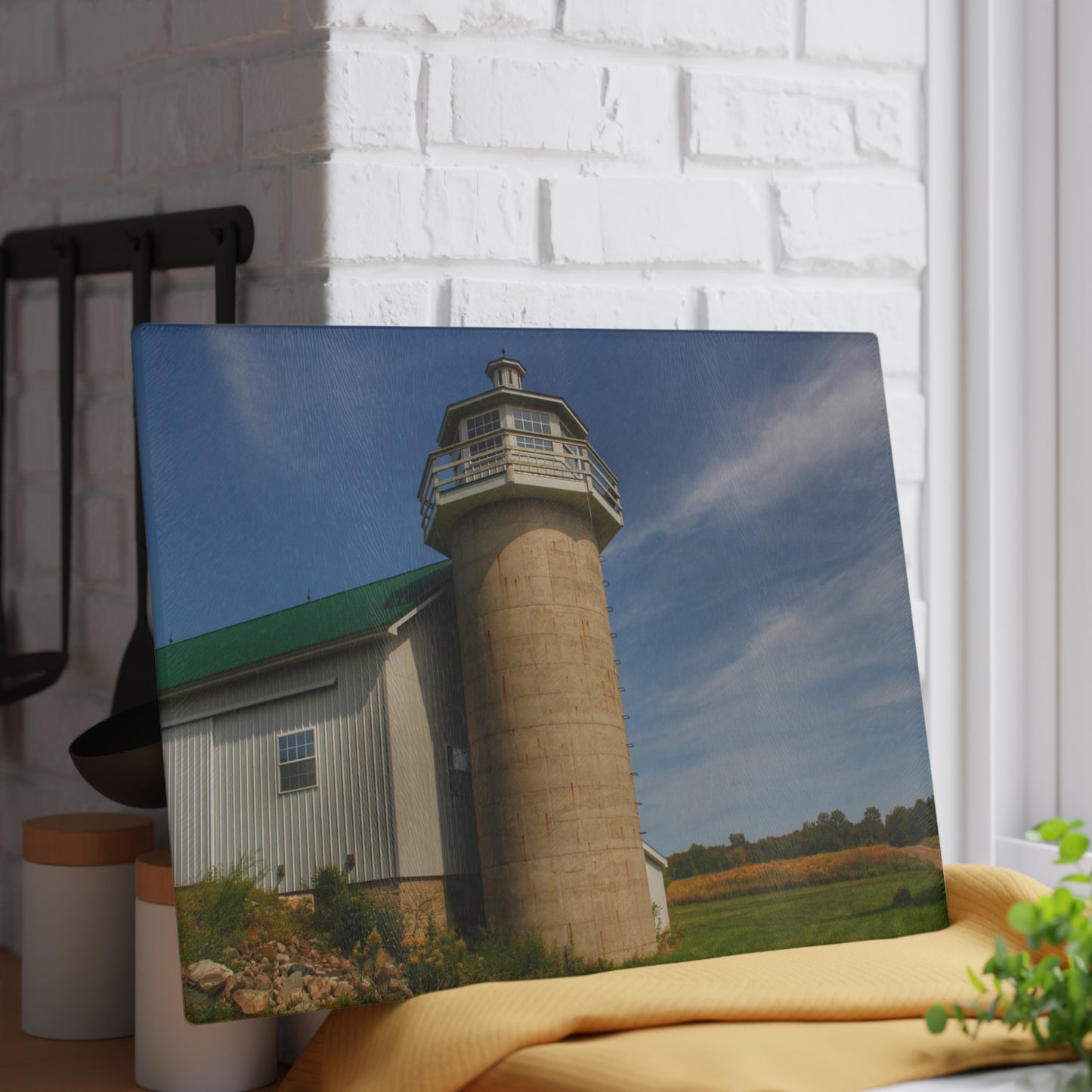 U R There Photography Phelps Road Lighthouse Barn II Rustic Farmhouse Tempered-Glass Cutting Board