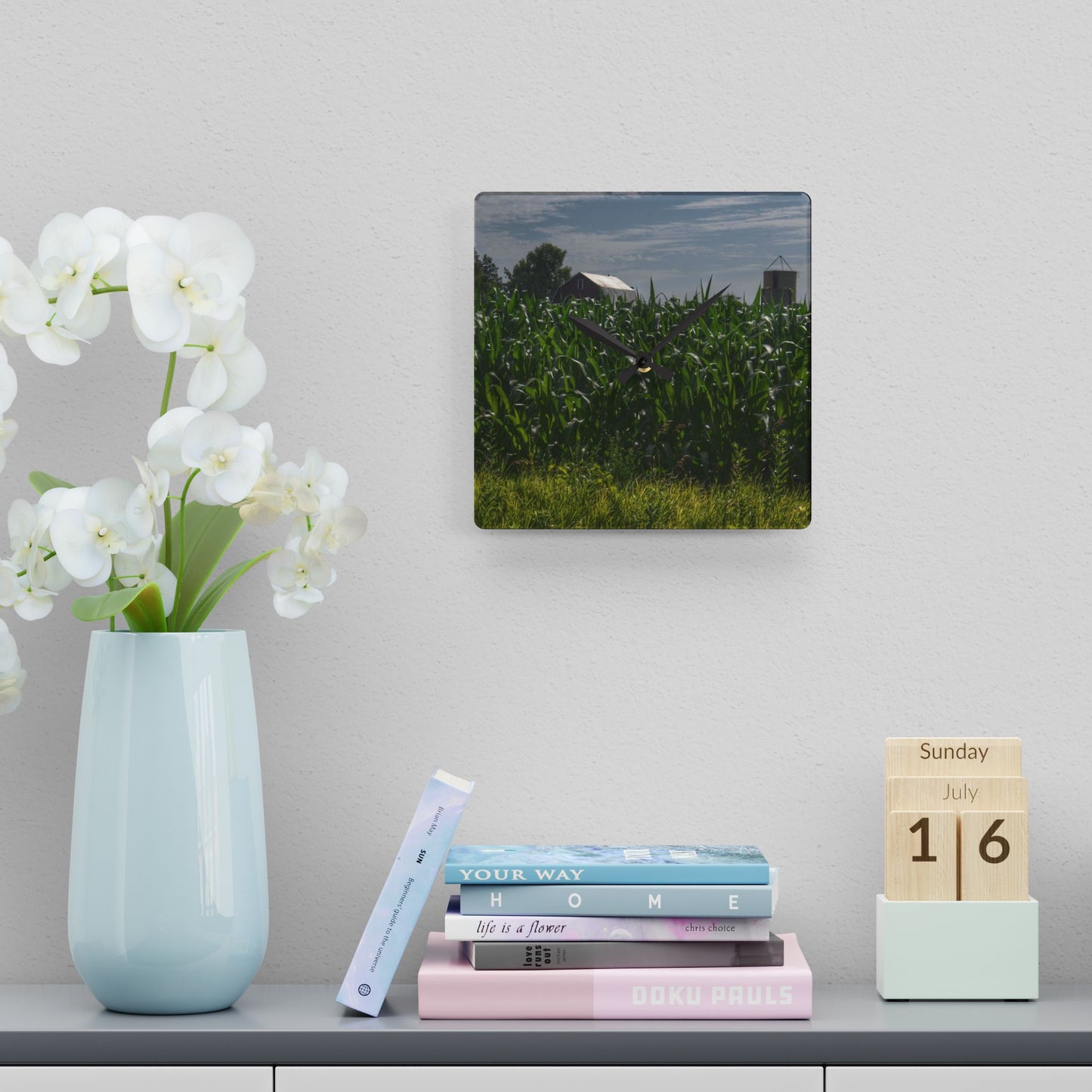 U R There Photography Above the Corn on Piersonville Road I Rustic Farmhouse Acrylic Analog Wall Clock