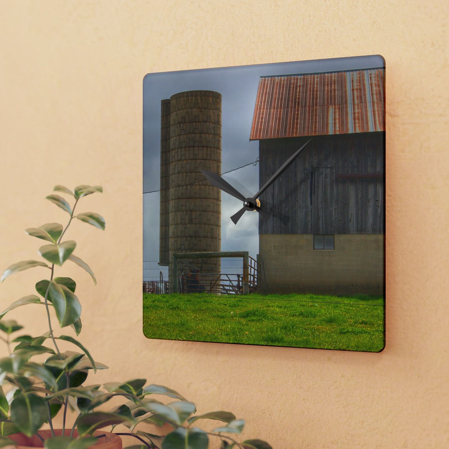 U R There Photography Clothier Road Grey and Silo Rustic Farmhouse Acrylic Analog Wall Clock