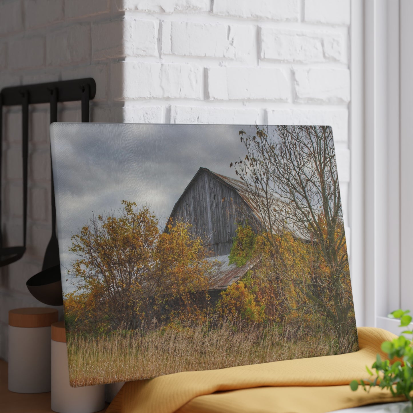 U R There Photography Church Road Grey IV Rustic Farmhouse Tempered-Glass Cutting Board