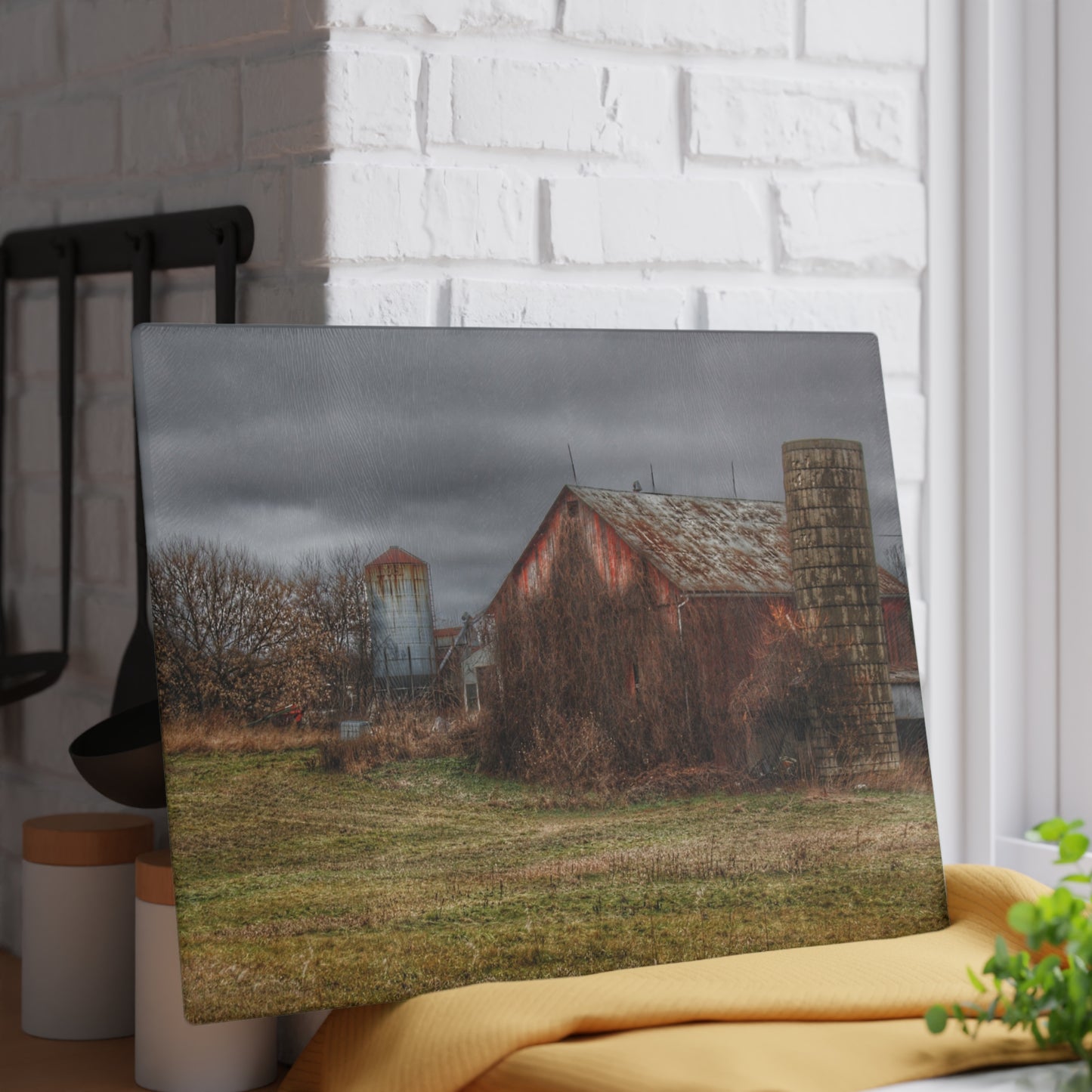 U R There Photography Slattery Road Old Red and Silo II Rustic Farmhouse Tempered-Glass Cutting Board 8"x 11"d