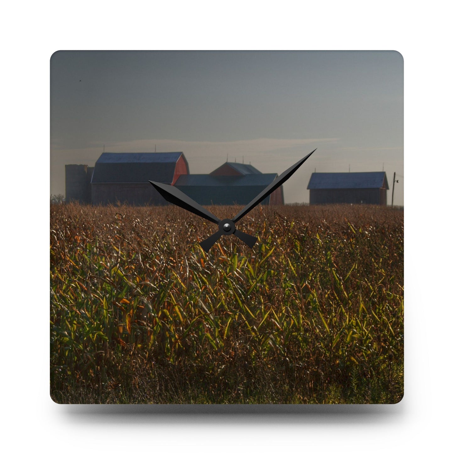 U R There Photography Slattery Road Farm and Cornfield I Rustic Farmhouse Acrylic Analog Wall Clock