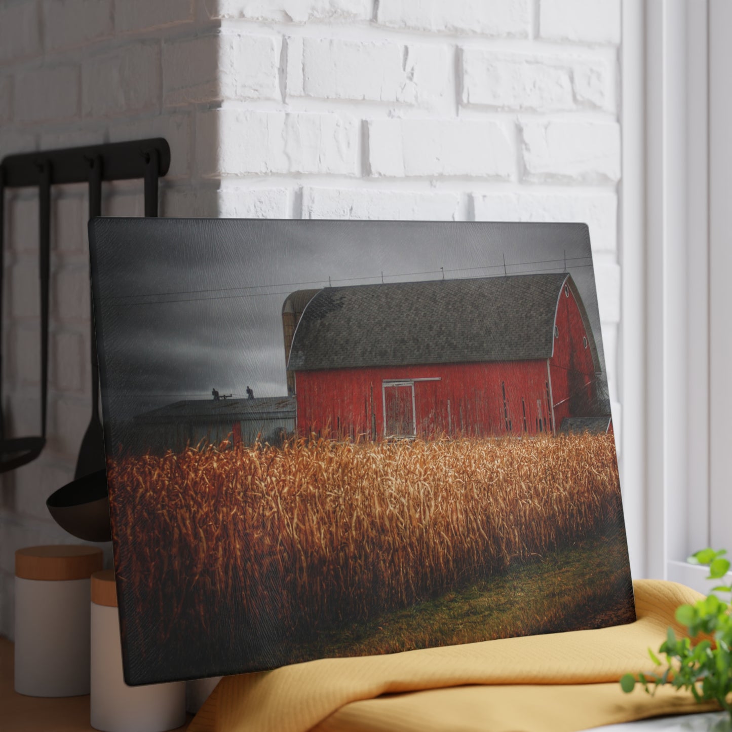 U R There Photography Slattery Road Cornfield Red Rustic Farmhouse Tempered-Glass Cutting Board