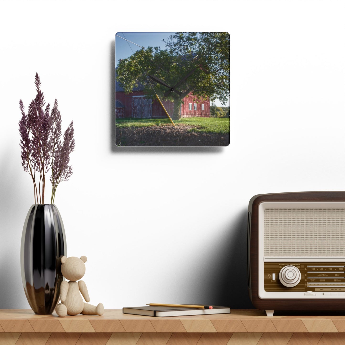 U R There Photography Rochester Road Hidden Red Rustic Farmhouse Acrylic Analog Wall Clock