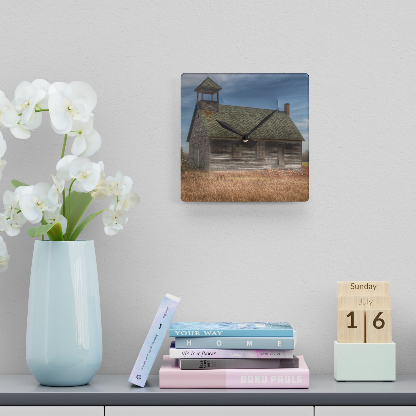 U R There Photography McKenzie Road Old Schoolhouse Rustic Farmhouse Acrylic Analog Wall Clock