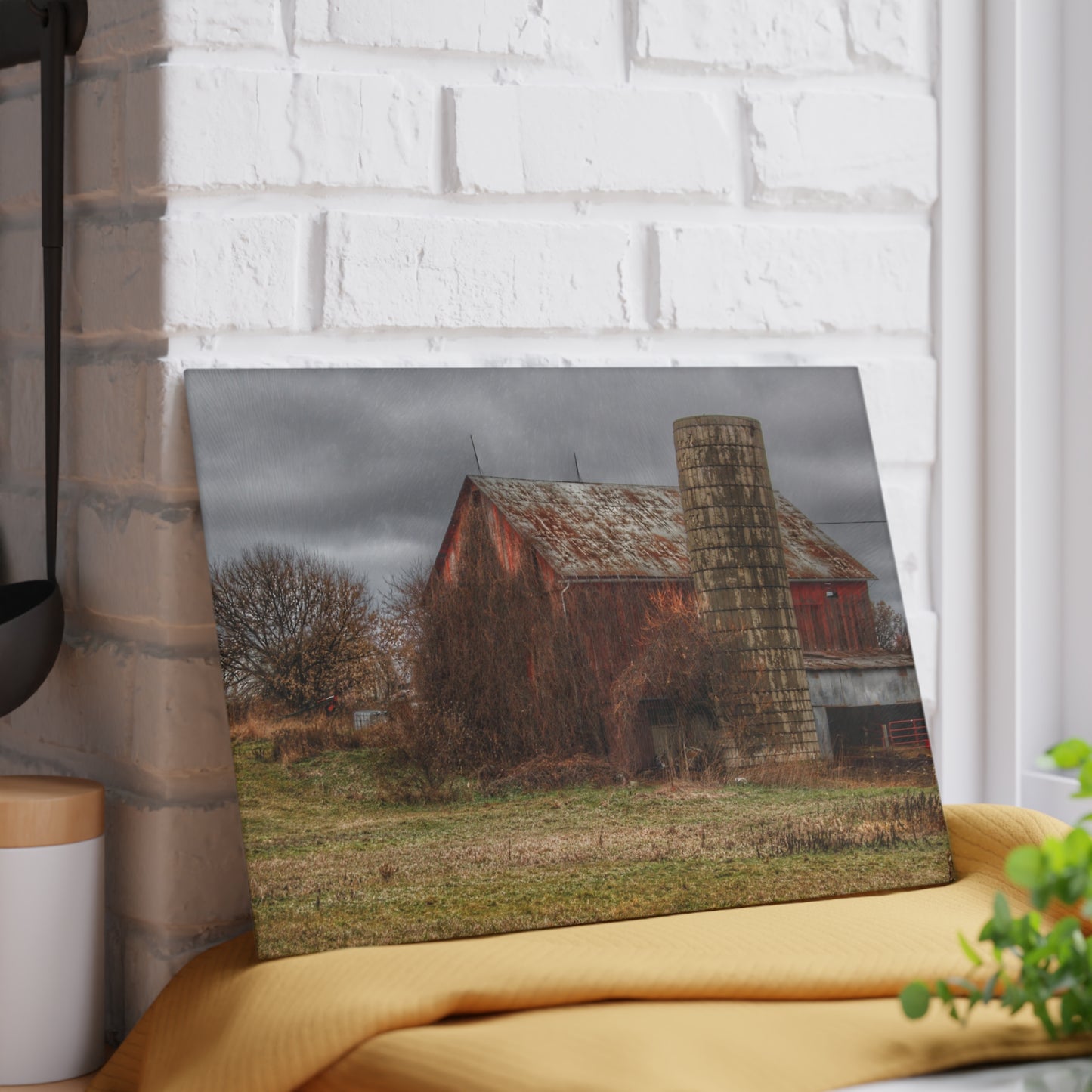 U R There Photography Slattery Road Old Red and Silo I Rustic Farmhouse Tempered-Glass Cutting Board