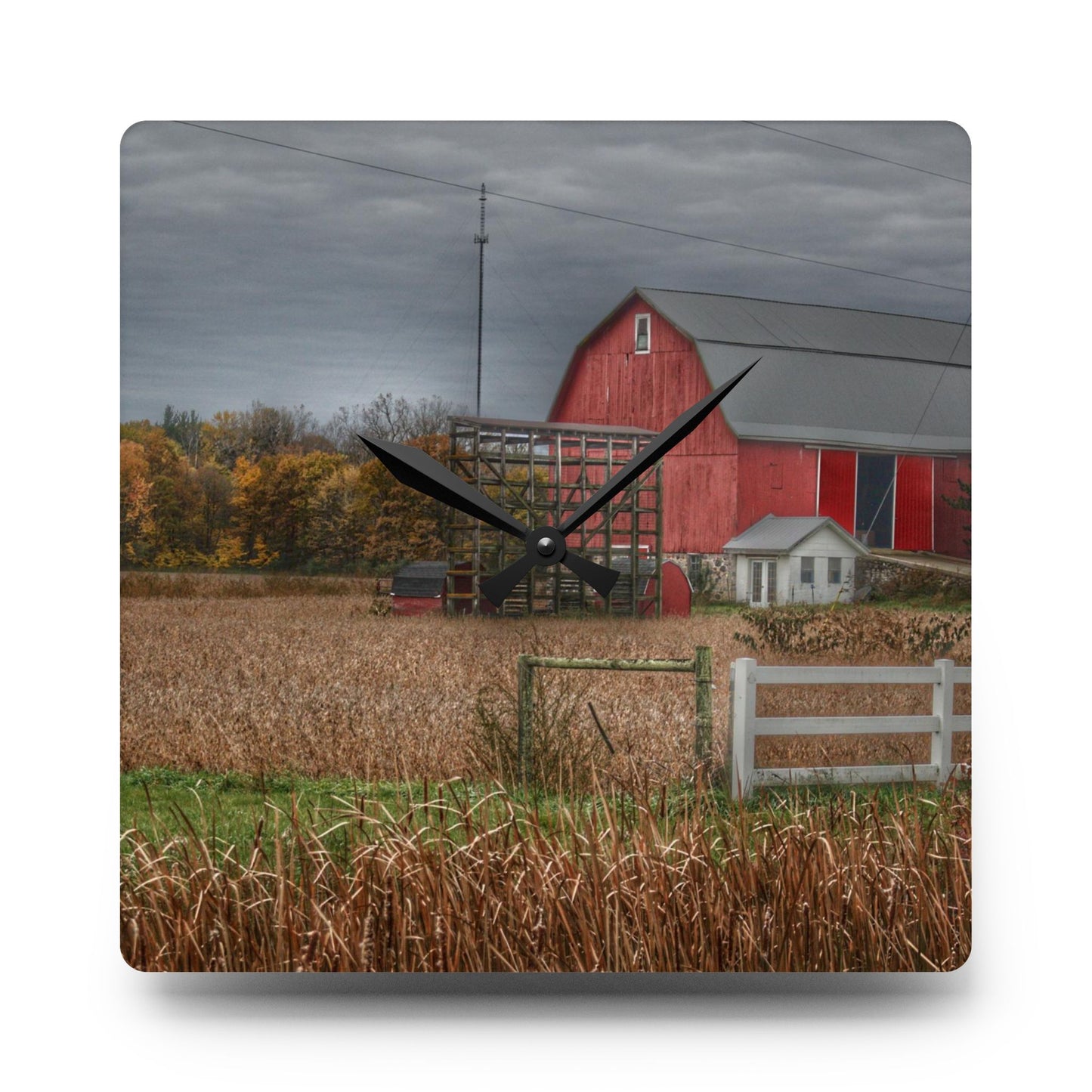 U R There Photography Barnes Road Red in Fall Rustic Farmhouse Acrylic Analog Wall Clock
