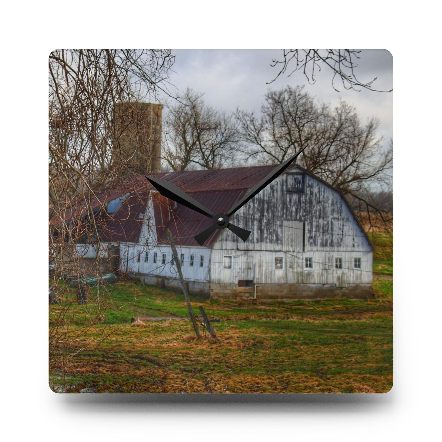 U R There Photography Otter Lake Road White Rustic Farmhouse Acrylic Analog Wall Clock