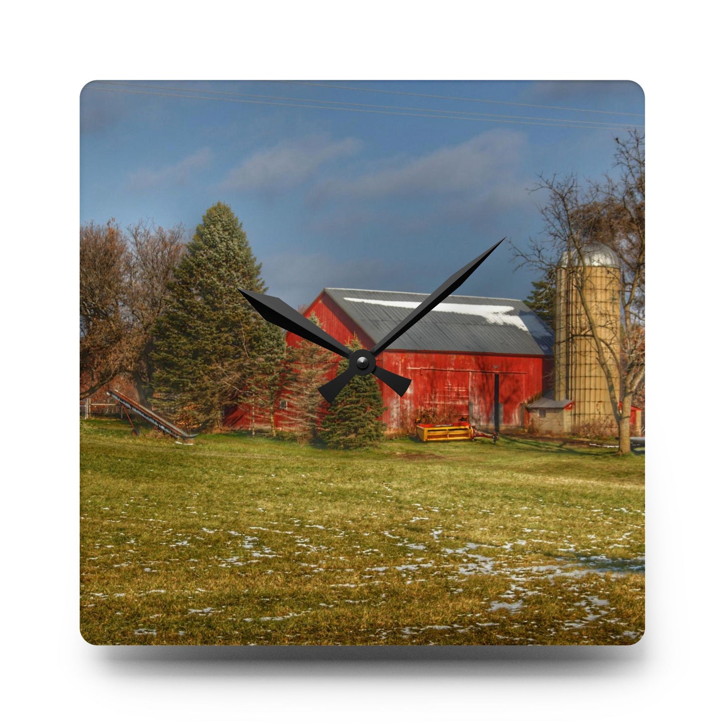 U R There Photography Columbiaville Road Red I Rustic Farmhouse Acrylic Analog Wall Clock