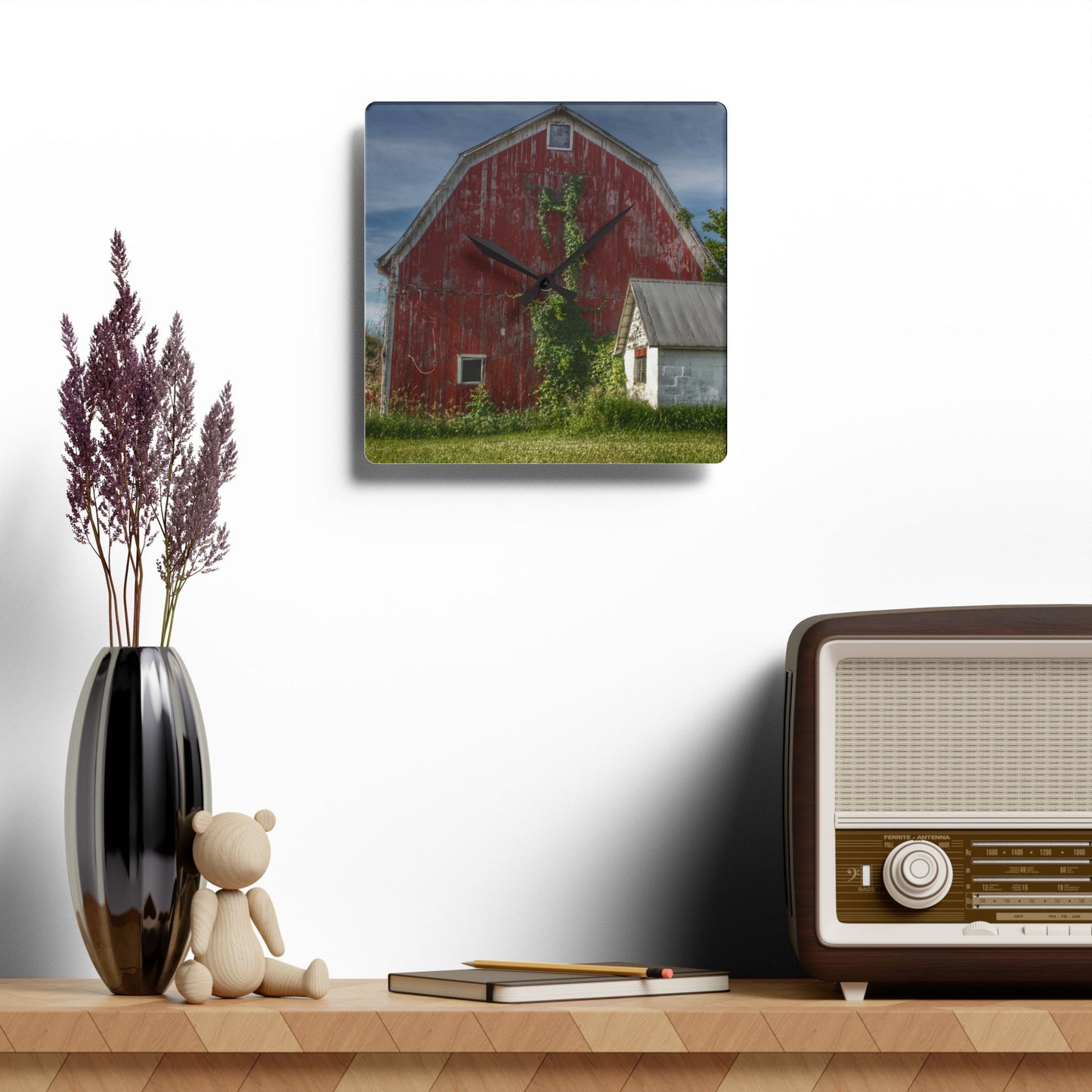 U R There Photography Stanley Road Red in Summer II Rustic Farmhouse Acrylic Analog Wall Clock