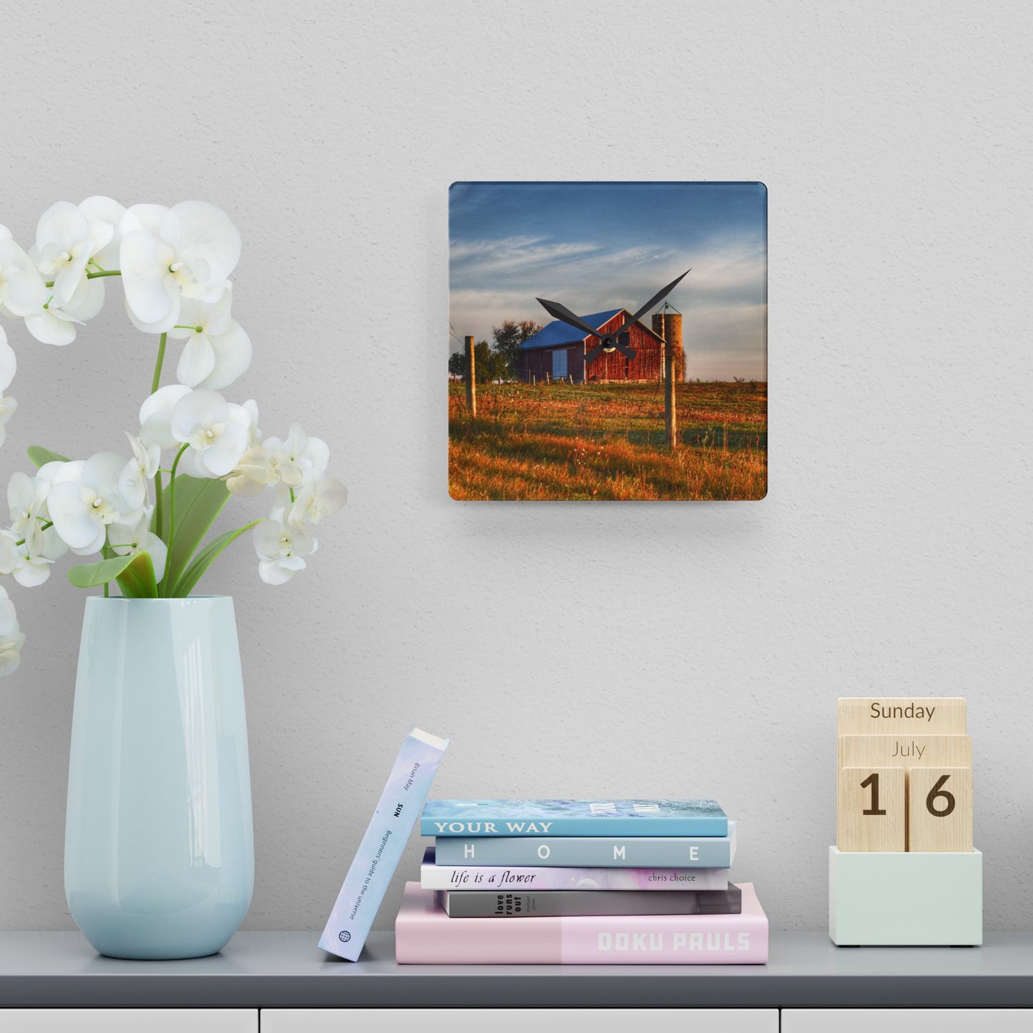 U R There Photography Lake Pleasant Road Little Red and Silo I Rustic Farmhouse Acrylic Analog Wall Clock