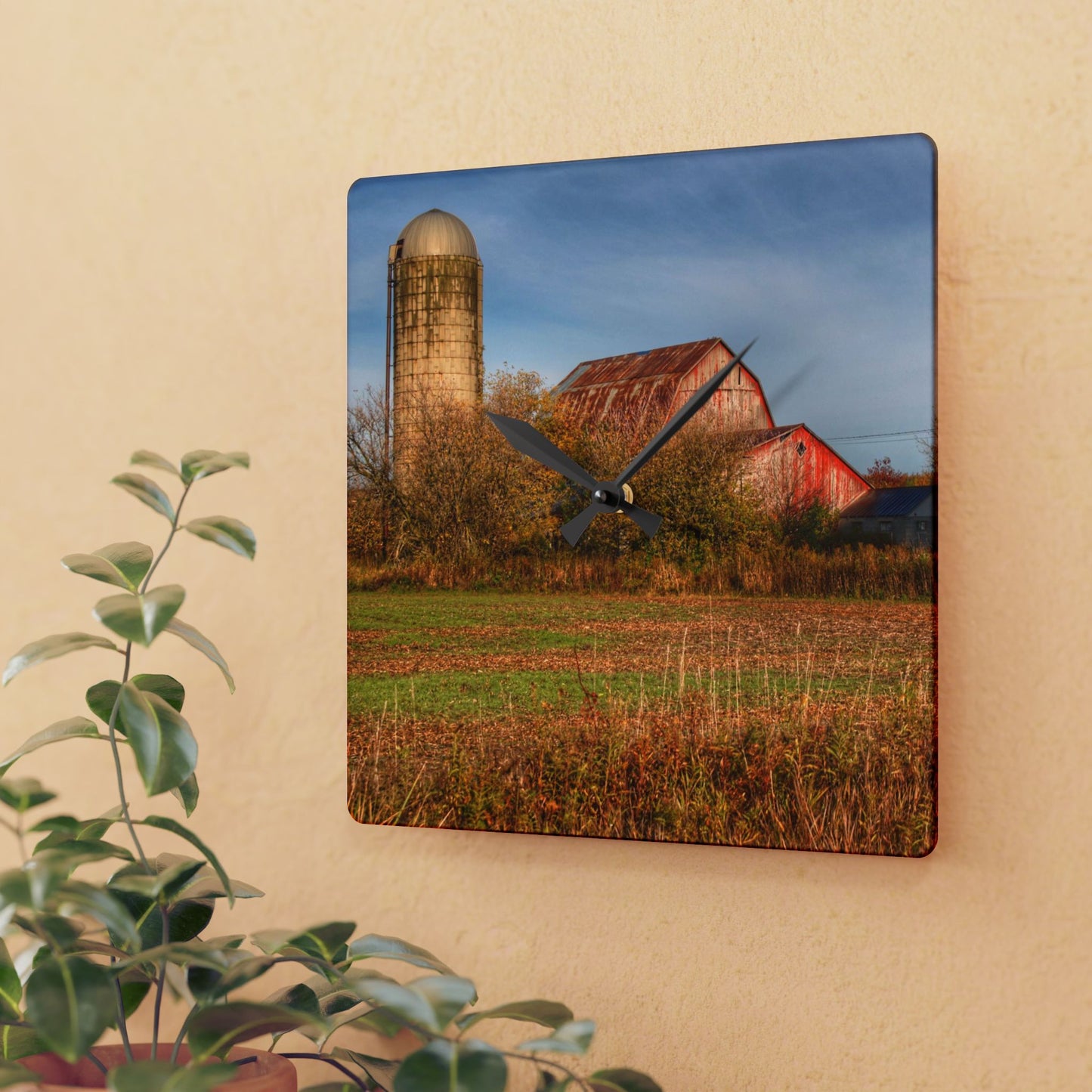 U R There Photography Cade Road Red and Silo Rustic Farmhouse Acrylic Analog Wall Clock