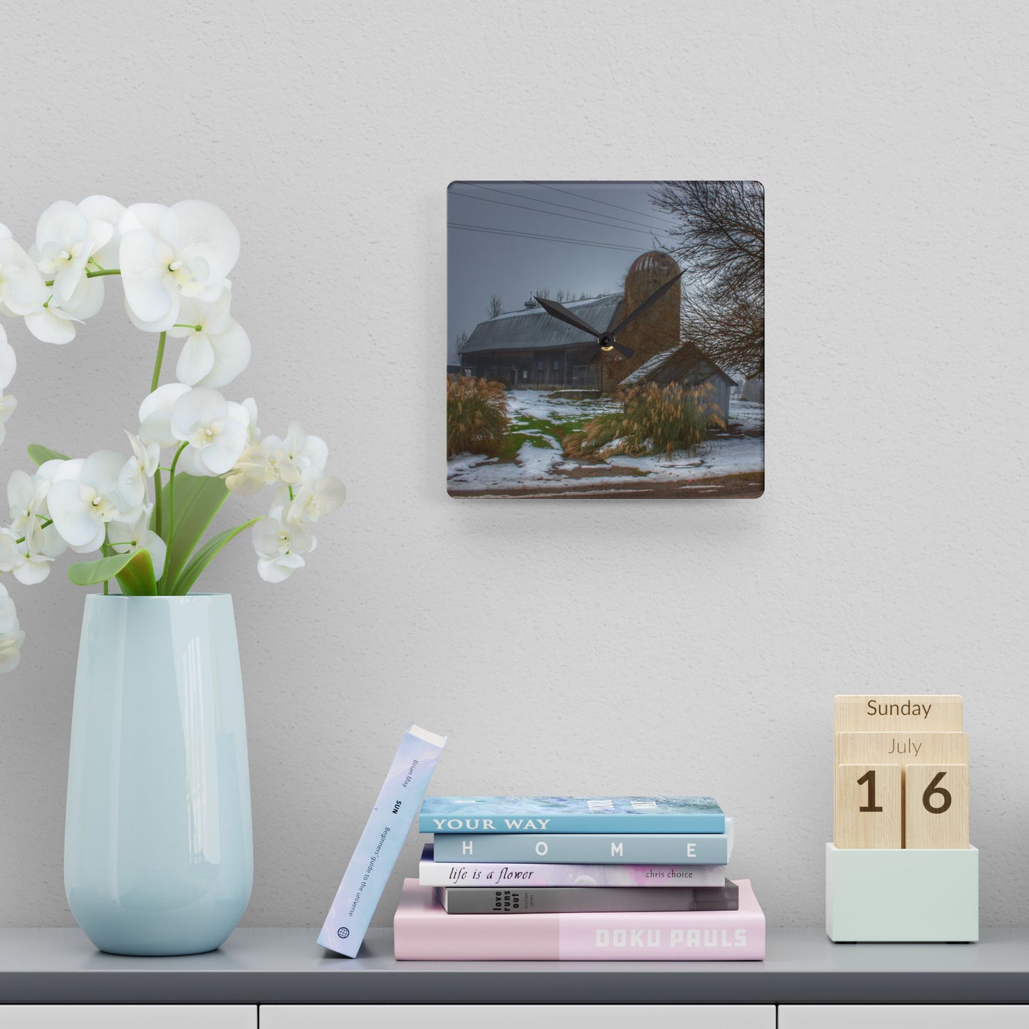 U R There Photography Ludwig Road Greys in the Fog Rustic Farmhouse Acrylic Analog Wall Clock