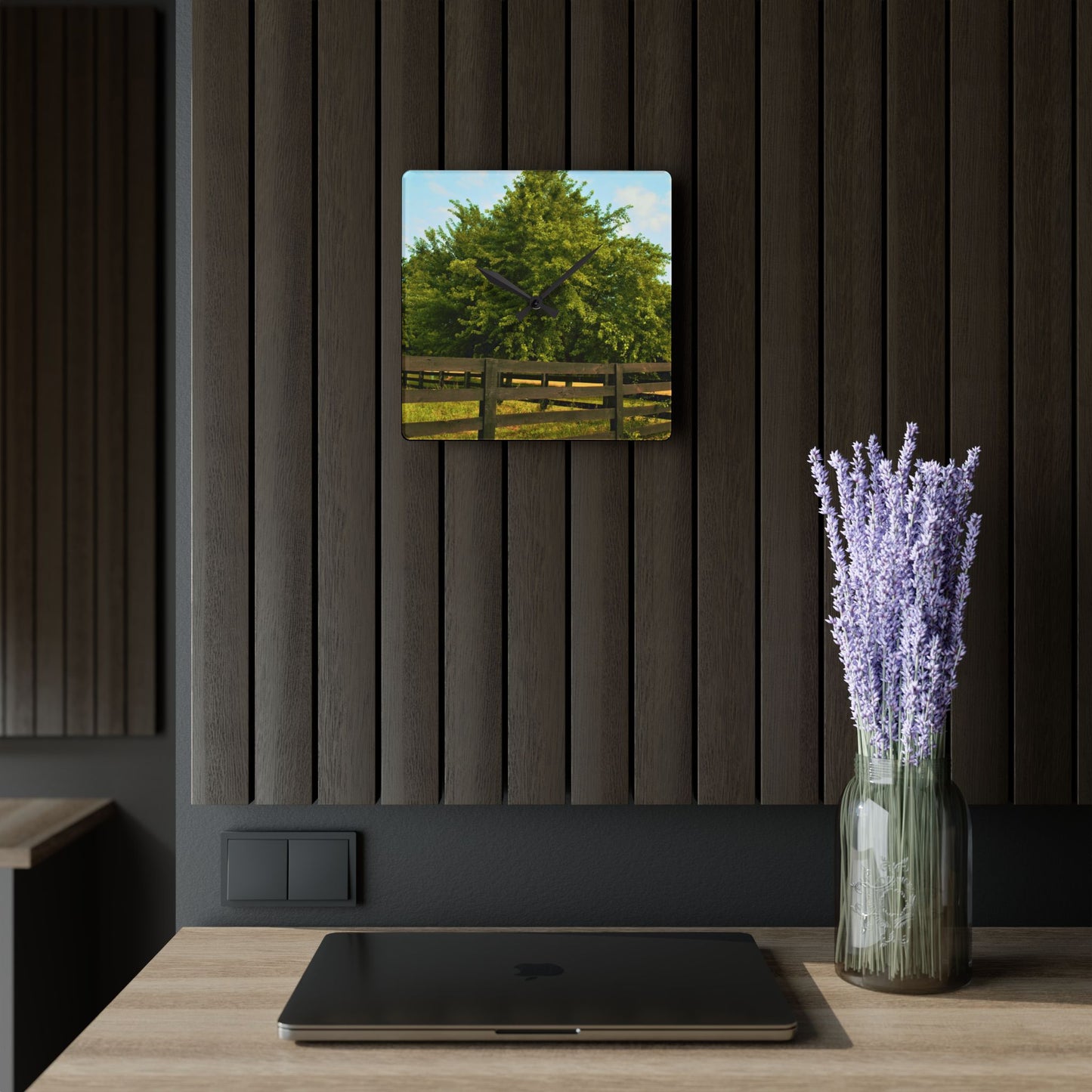 U R There Photography Country Fence and Tree in Metamora Rustic Farmhouse Acrylic Analog Wall Clock
