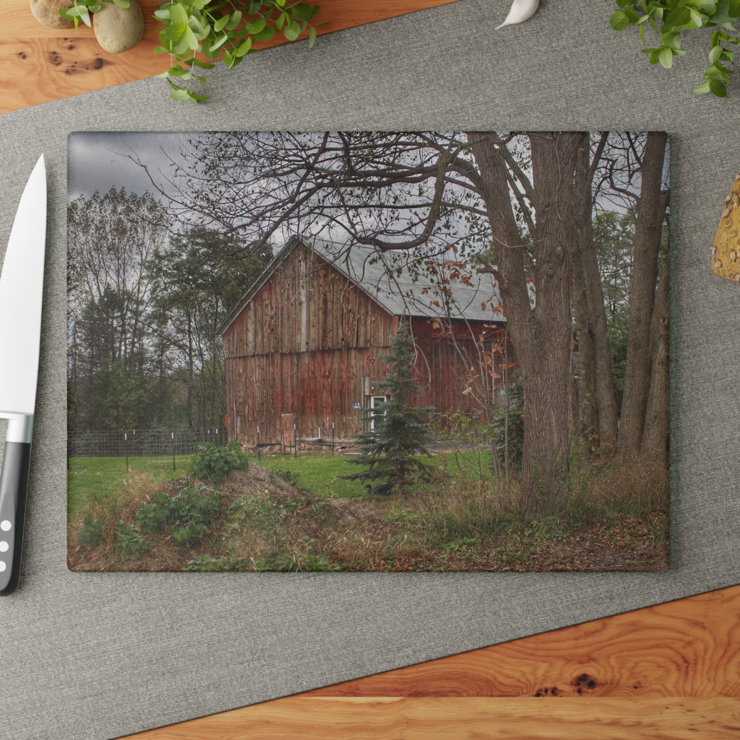 U R There Photography Big Fish Lake Road Red Rustic Farmhouse Tempered-Glass Cutting Board