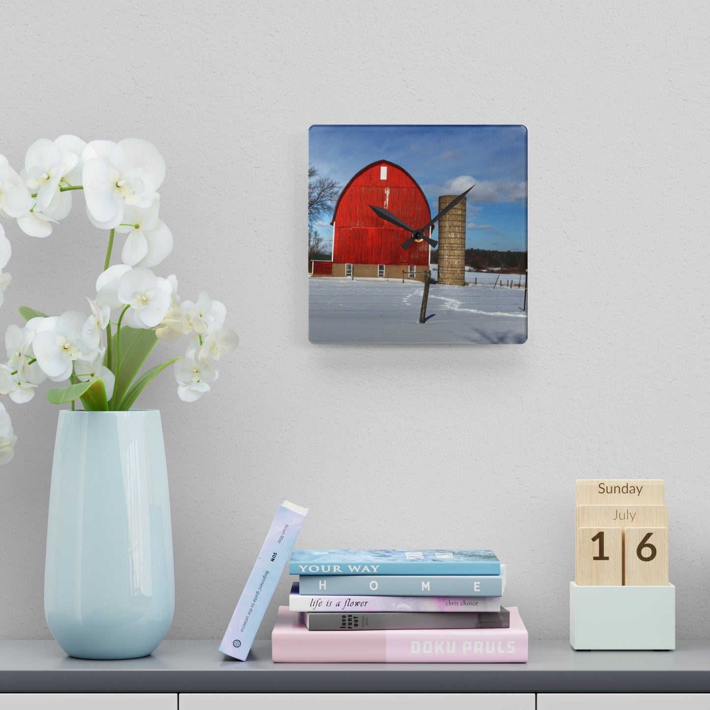 U R There Photography Barnes Road Winter Red Rustic Farmhouse Acrylic Analog Wall Clock